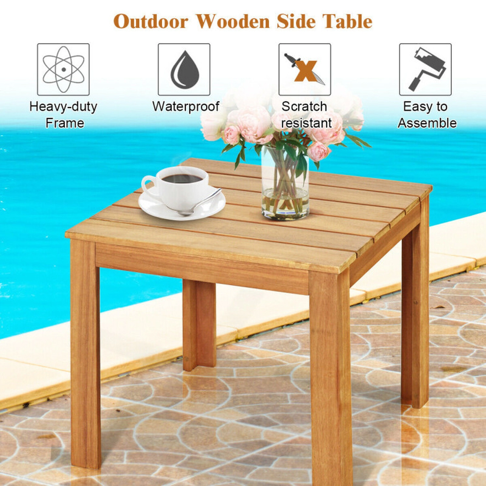 SUGIFT Square Slatted Top Solid Acacia Wood Outdoor Patio Side Table 18-in x 18-in x 16-in 220-lb Capacity Natural