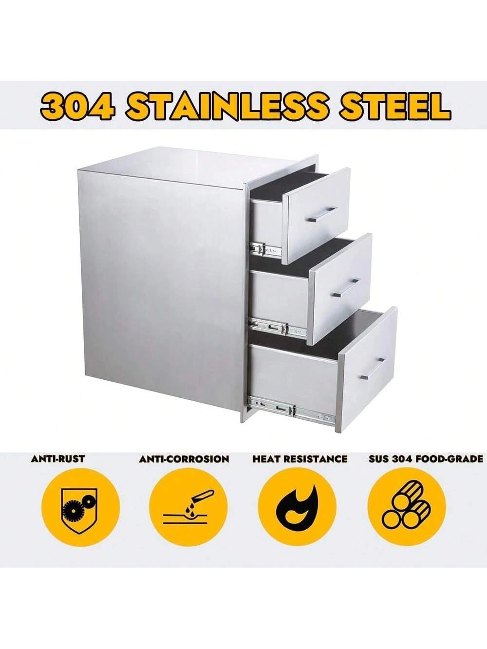 BebreezChic Stainless Steel BBQ Drawer, Outdoor Kitchen, 30x10in, Triple Drawer, 304 Steel