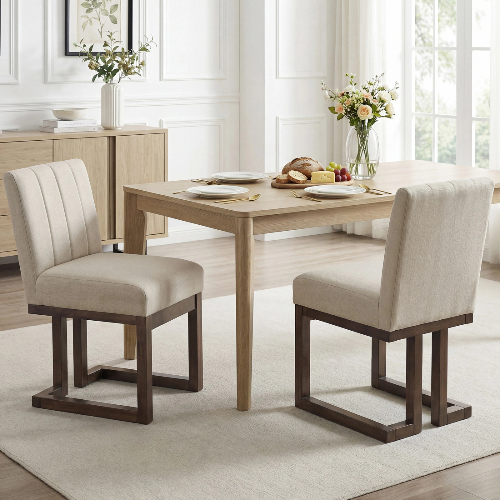 SUGIFT Set of 2 Walnut Farmhouse Dining Chairs, Upholstered, 20-Inch Seat Height