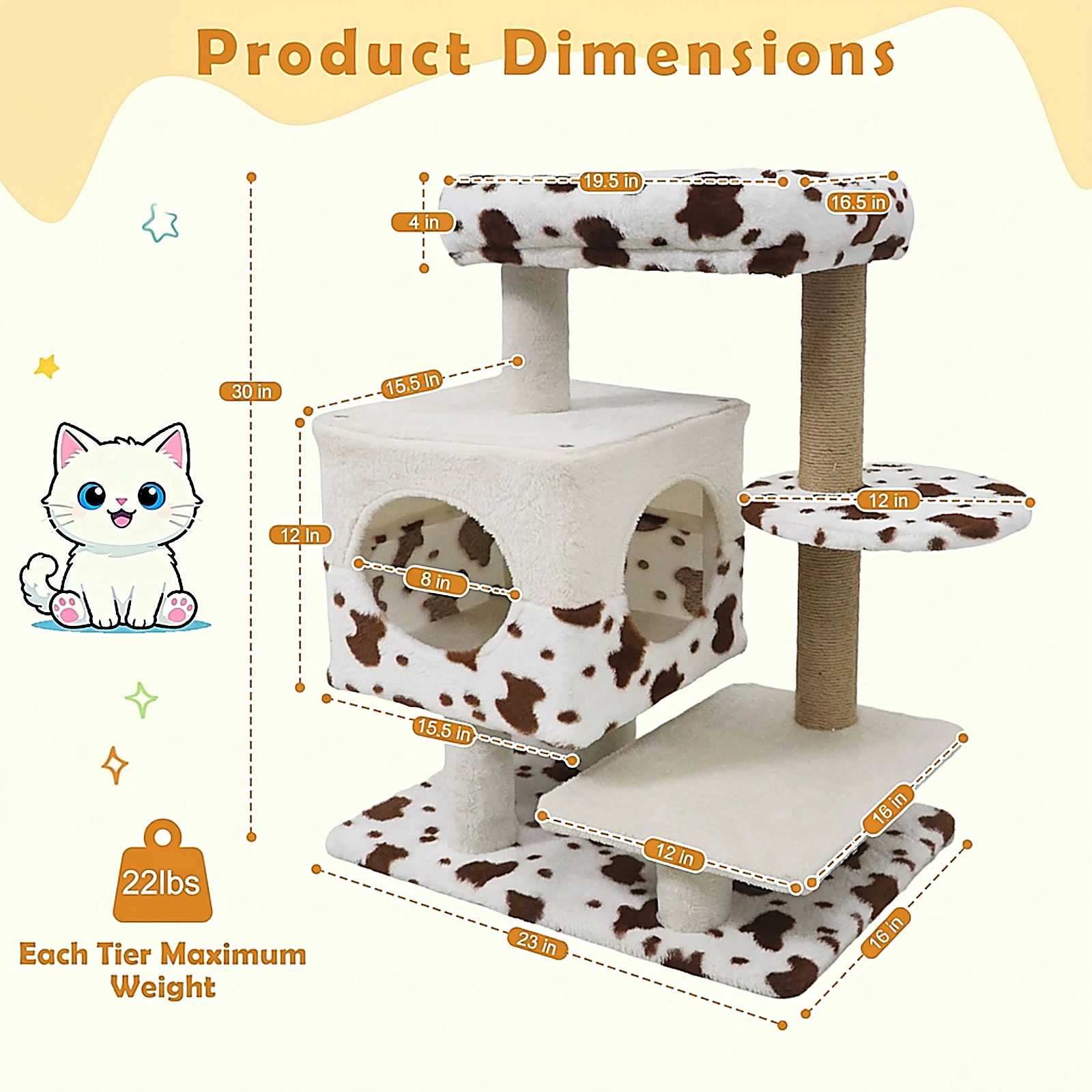 SUGIFT Modern Cat Tree Indoor Cat Tower with Wide Upholstered Perch and 2-Entrance Cat Condo 30-in Tall White Brown