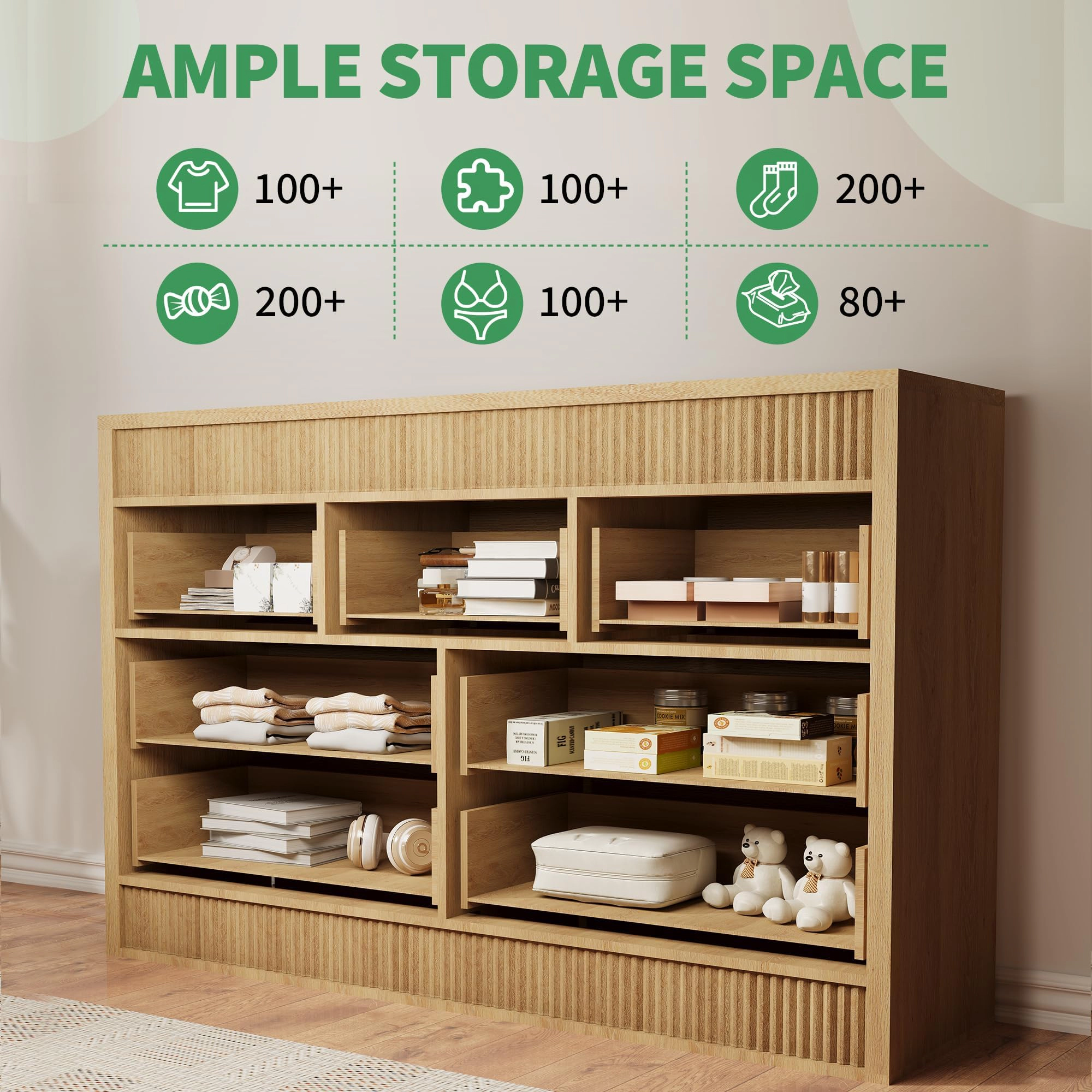 Fluted 7 Drawer Wooden Dresser, 54" Wide Modern Storage Chest for Bedroom or Living Room