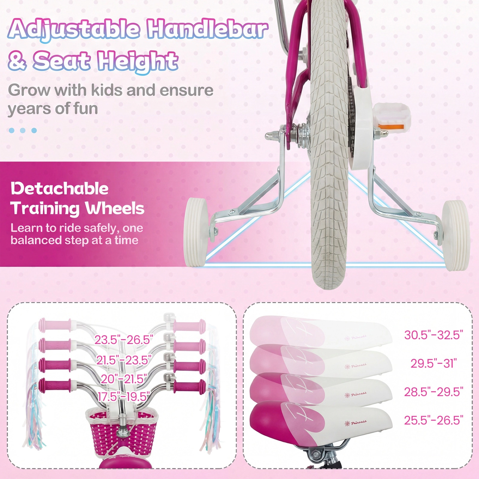 SUGIFT Princess of the Sea 16-Inch Kids Bike with Basket and Streamers 110-lb Capacity Ages 4-7 Rose Red