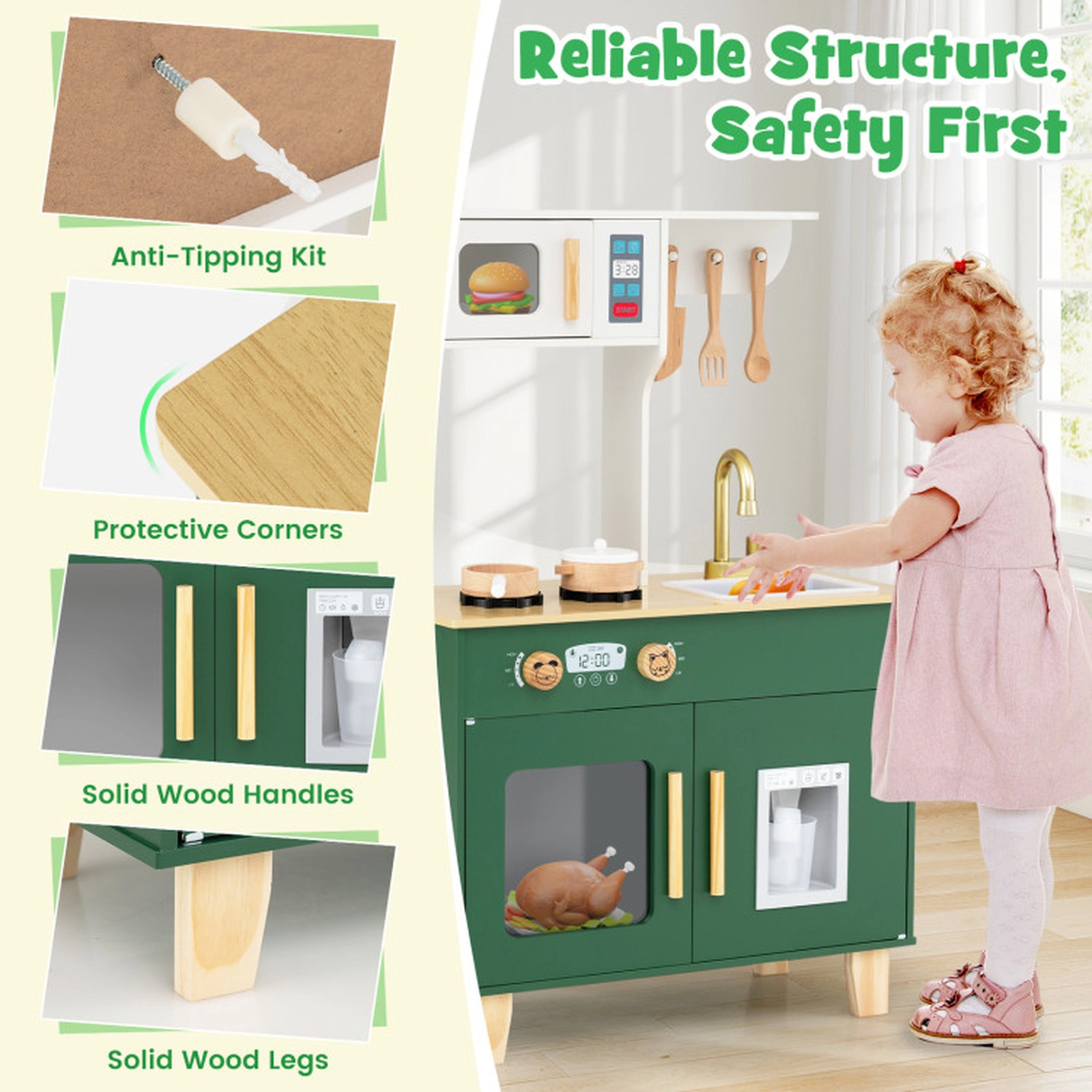 SUGIFT Kids Play Kitchen Wooden Playset with Microwave Ice Dispenser and 5 Accessories