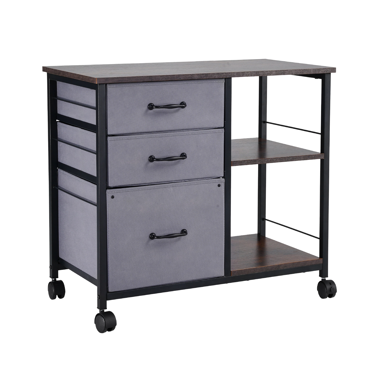 HONGGE Metal File Cabinet Mobile Filing Cabinet with 3 Fabric Drawers and 2 Open Shelves Wooden Vertical Filing Storage
