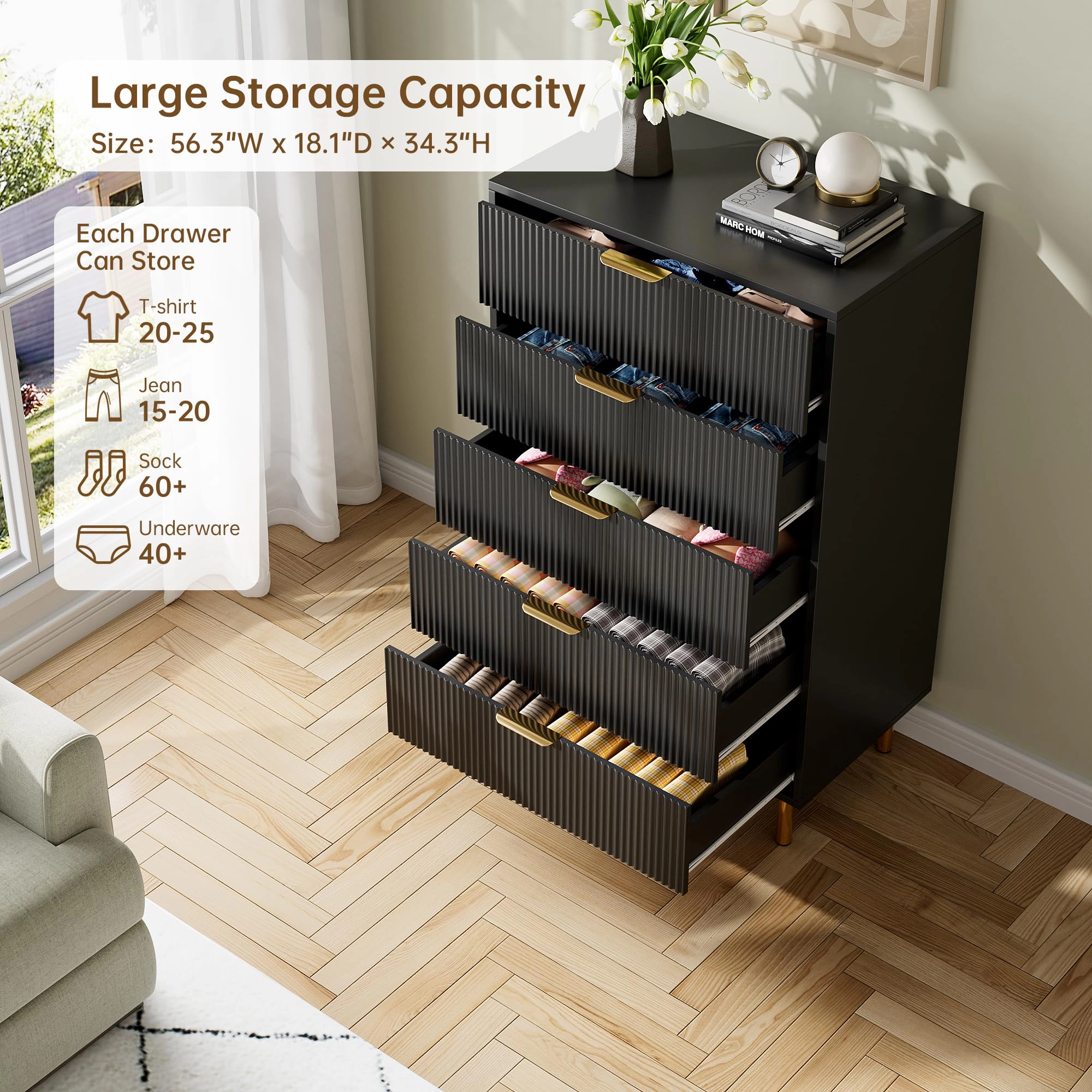 BebreezChic 5-Drawer Dresser for Bedroom with Gold Handles, Modern Wooden Chest of Drawers
