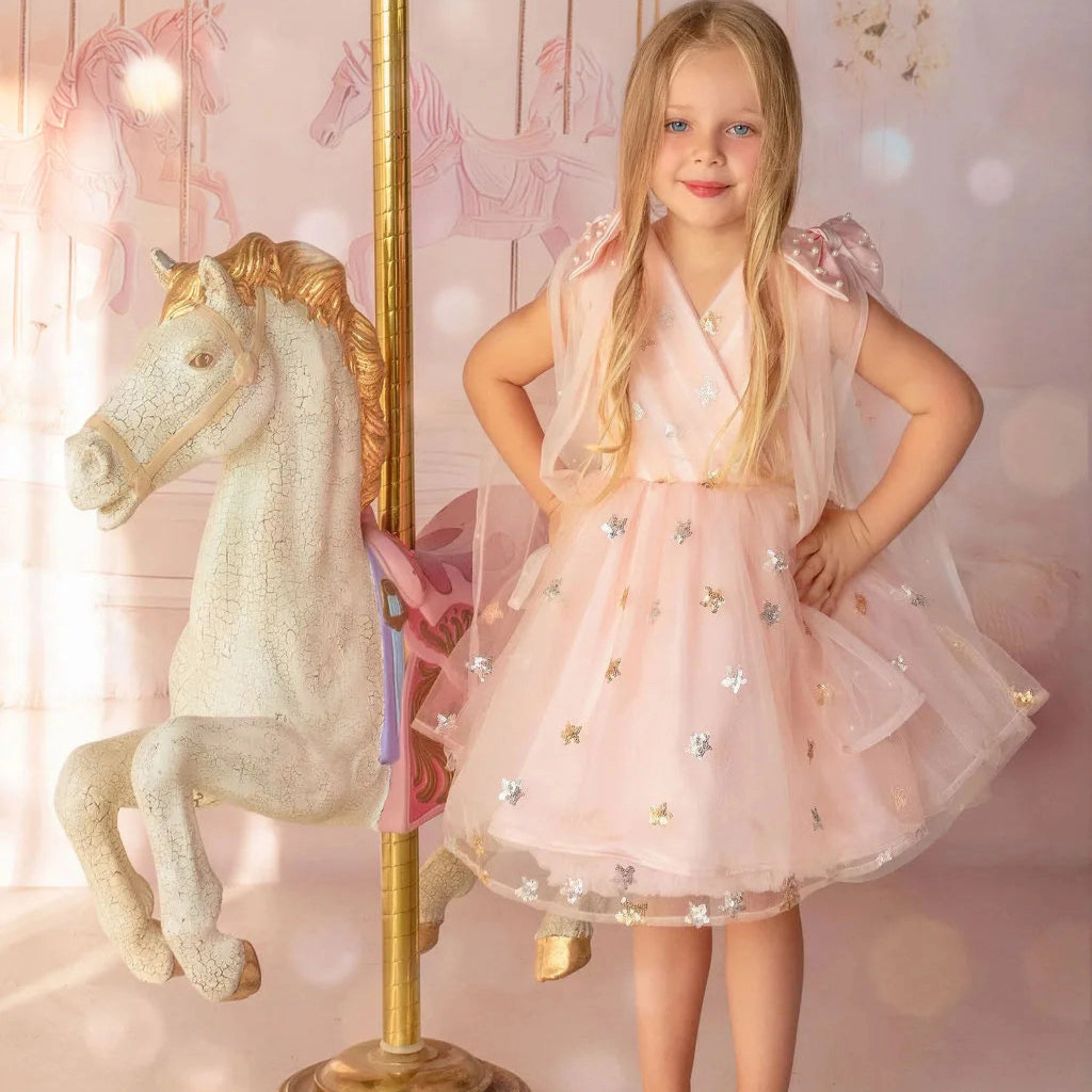 Faeella Girls Twinkle Star Blush Pink Sequin Birthday Dress