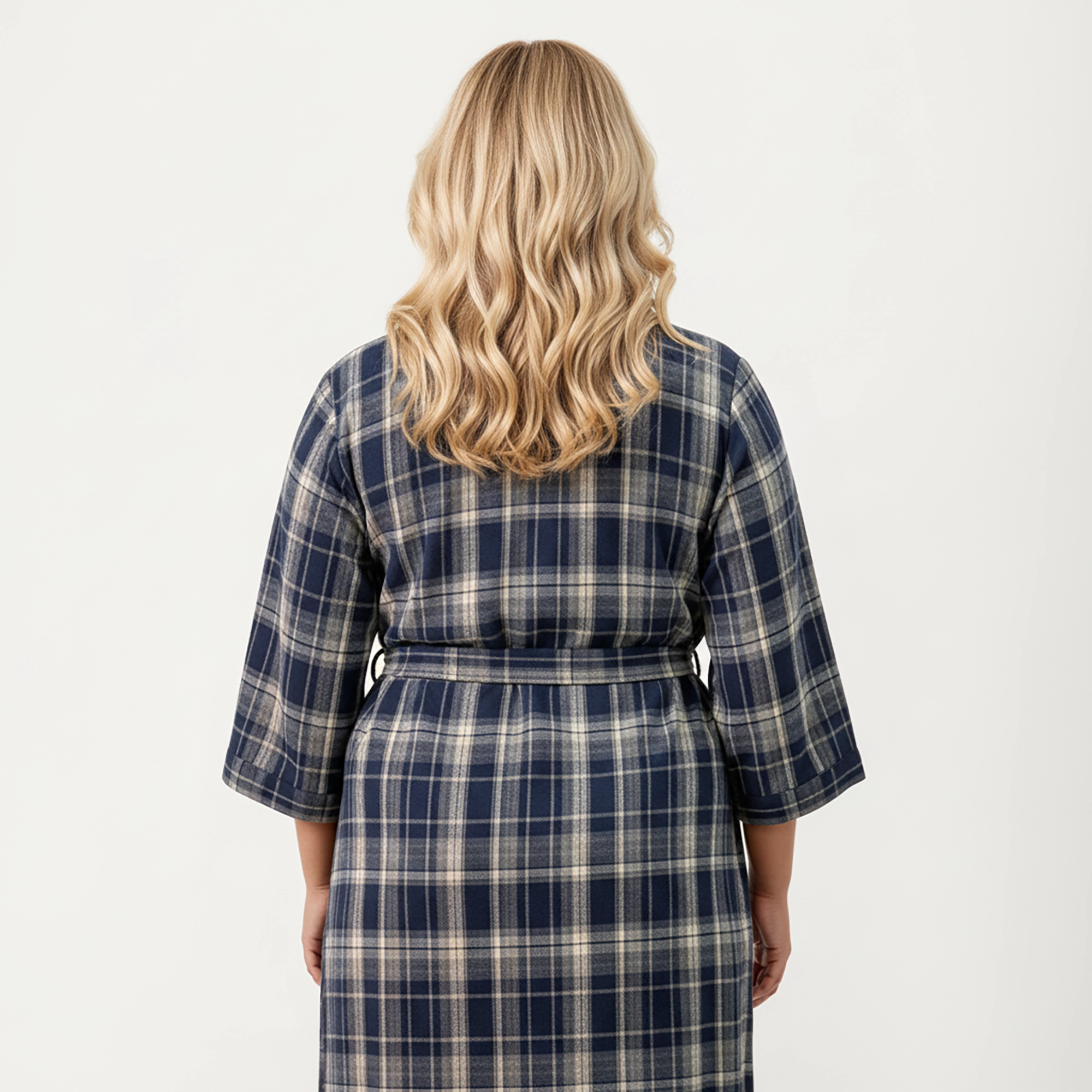 Anna-Kaci Women's Plus Plaid Long Robe with Brushed Texture Adjustable Waist Tie and Three-Quarter Sleeves
