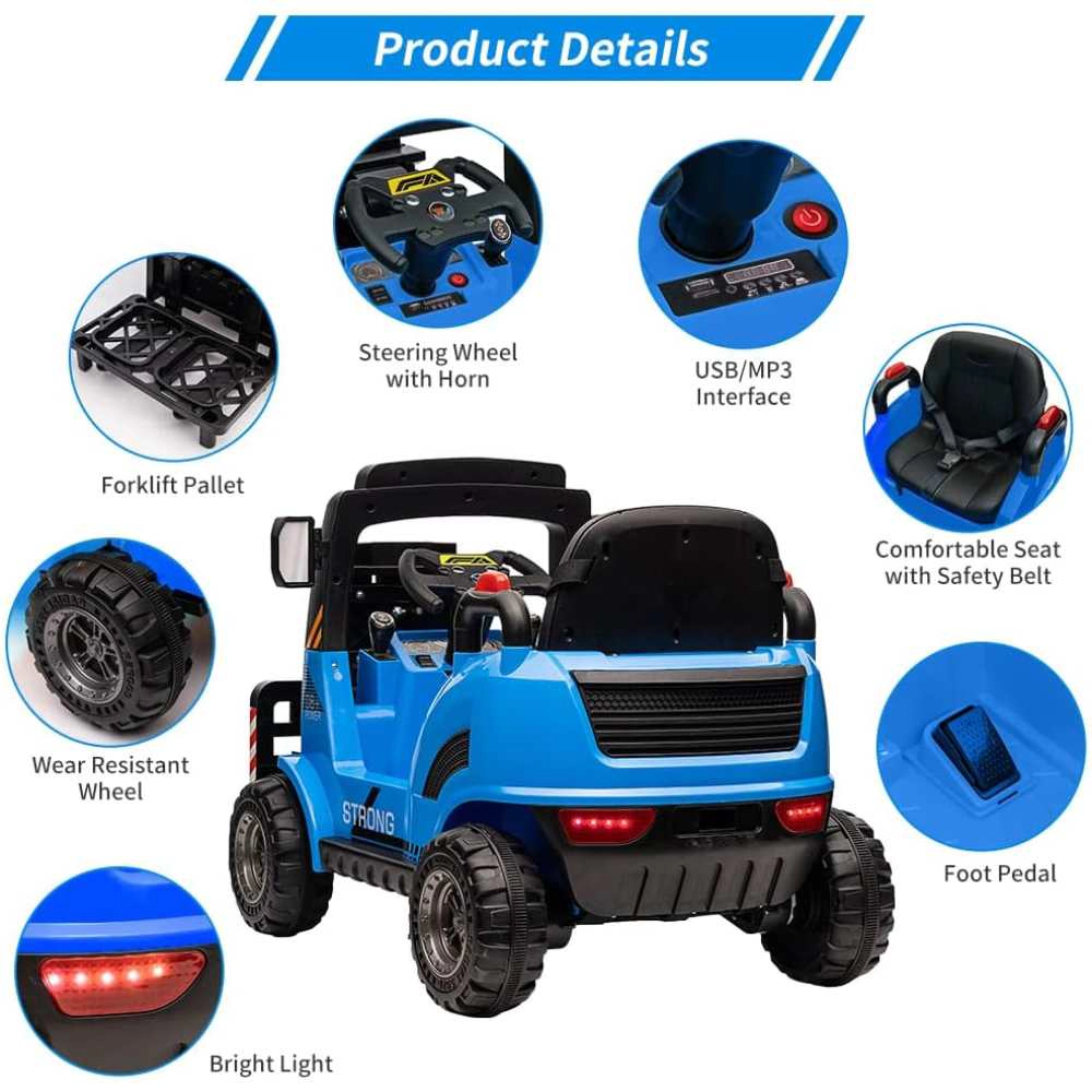 12V Kids Ride On Forklift Car, Electric Toy w/Remote, Liftable Fork & Pallet, 2 Speeds, Music, USB Seat Belt