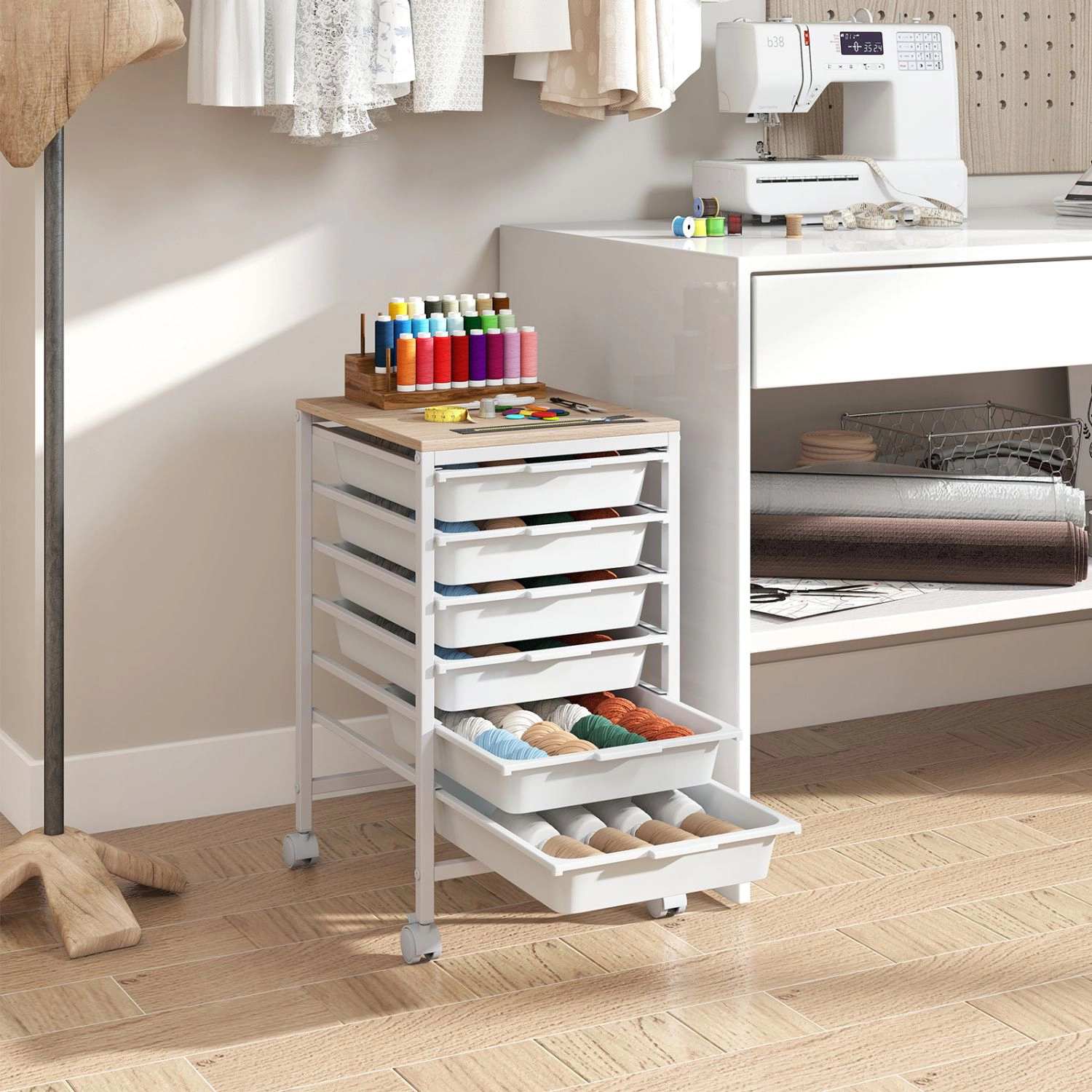 SlickBlue 6 Drawer Rolling Storage Cart with Wooden Top Organizer