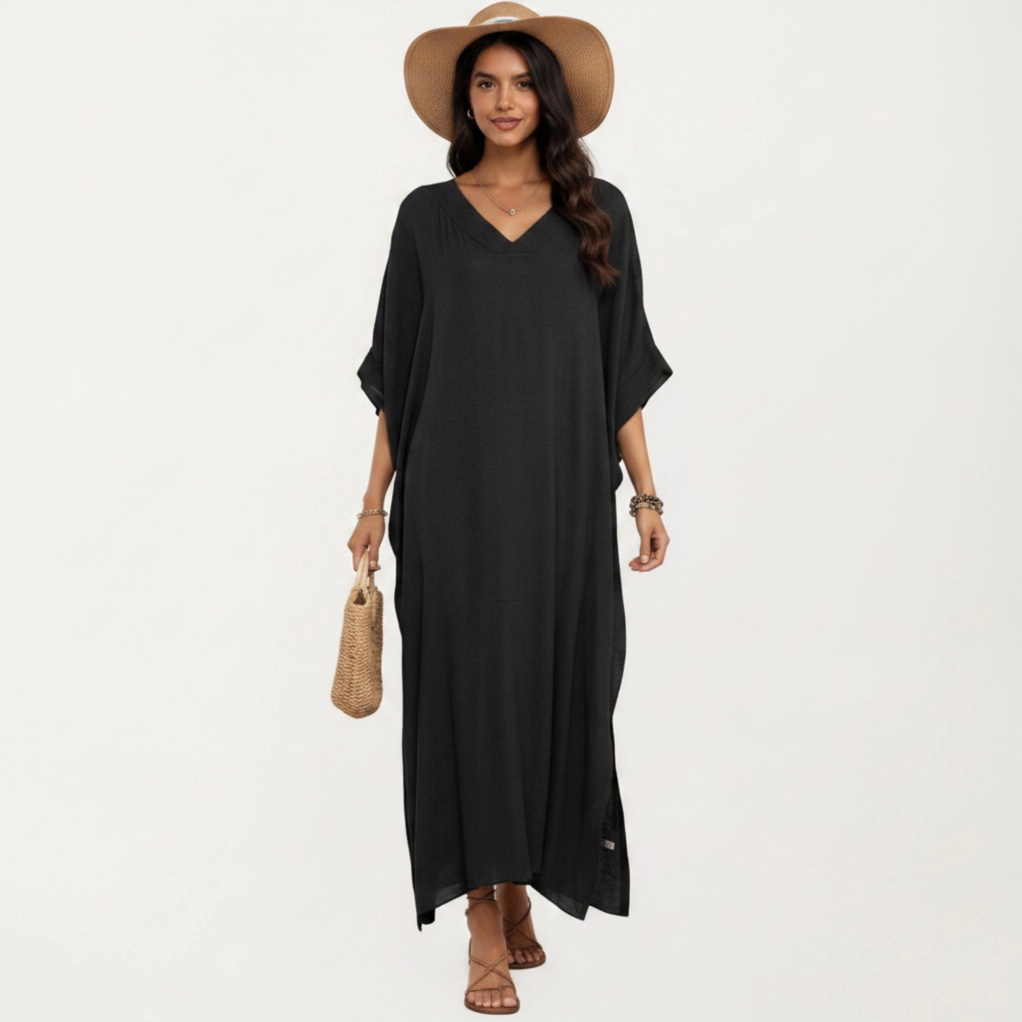 Anna-Kaci Women's V-Neck Maxi Swim Cover Up Dress Loose Short Sleeve Lightweight Beach Caftan