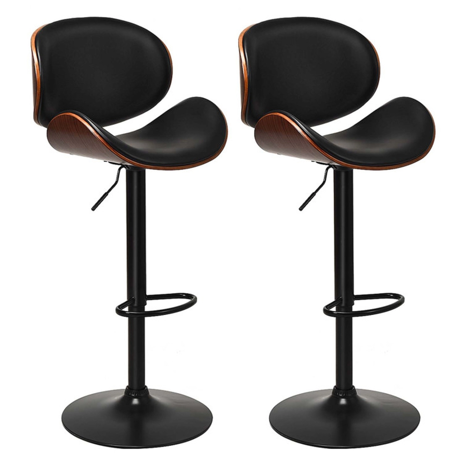 SUGIFT Black and Walnut Curved Footrest Set of 2 Adjustable Swivel PU Leather Bar Stools