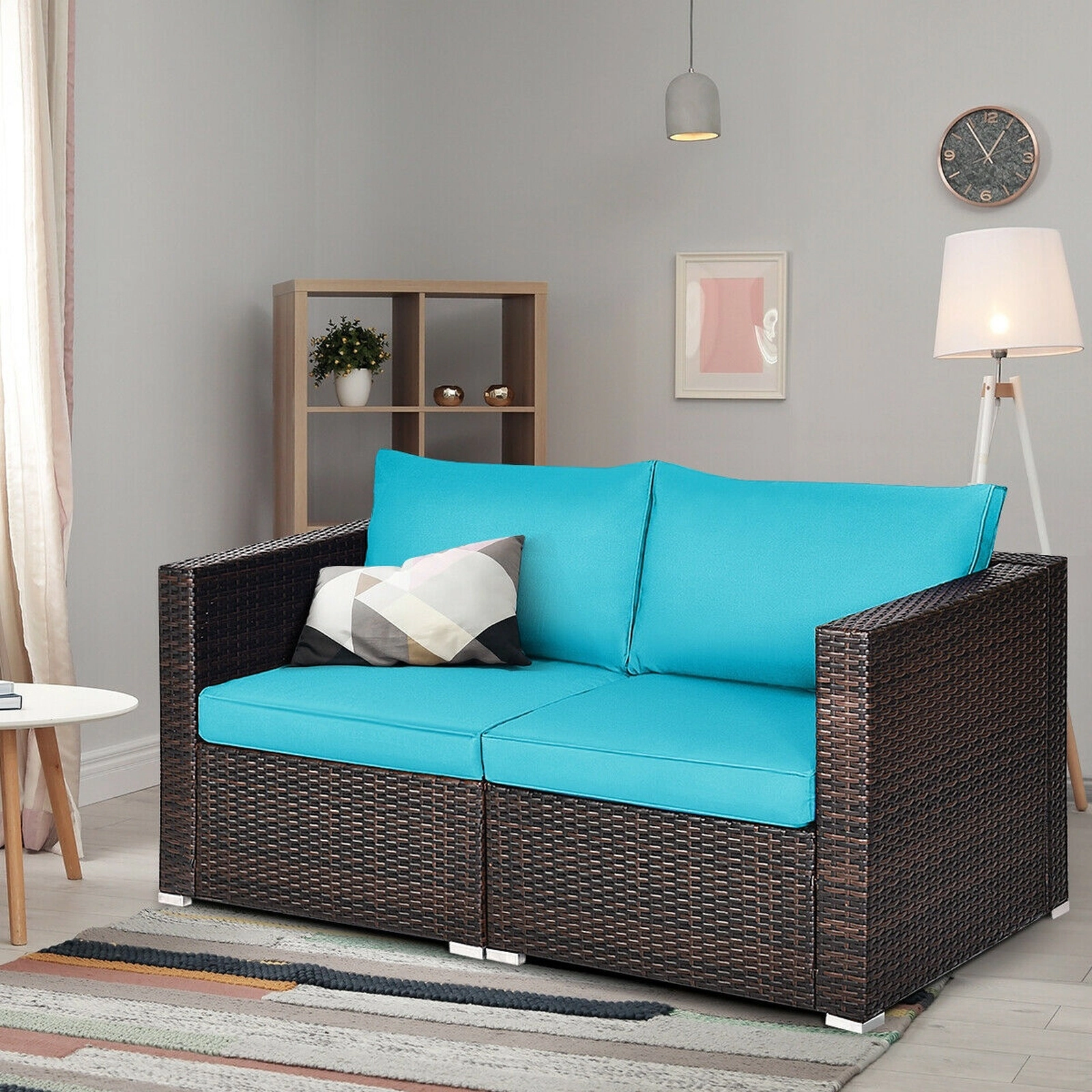 SUGIFT 2 Piece Patio Rattan Corner Sofa Set Blue Sectional Conversation Set with Cushions