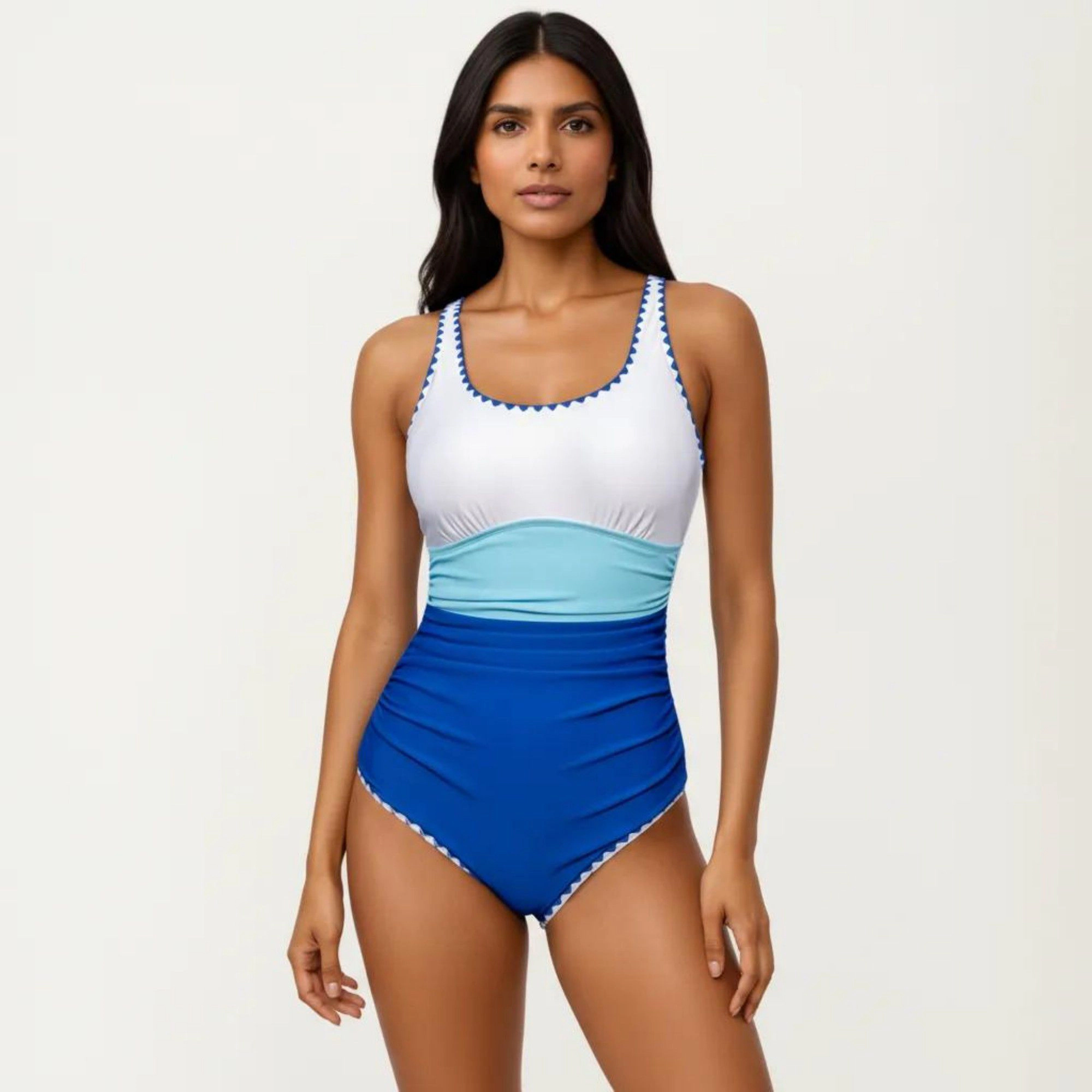 Anna-Kaci Women One Piece Swimsuit - Contrast Trim Scoop Neck, Ruched Waist