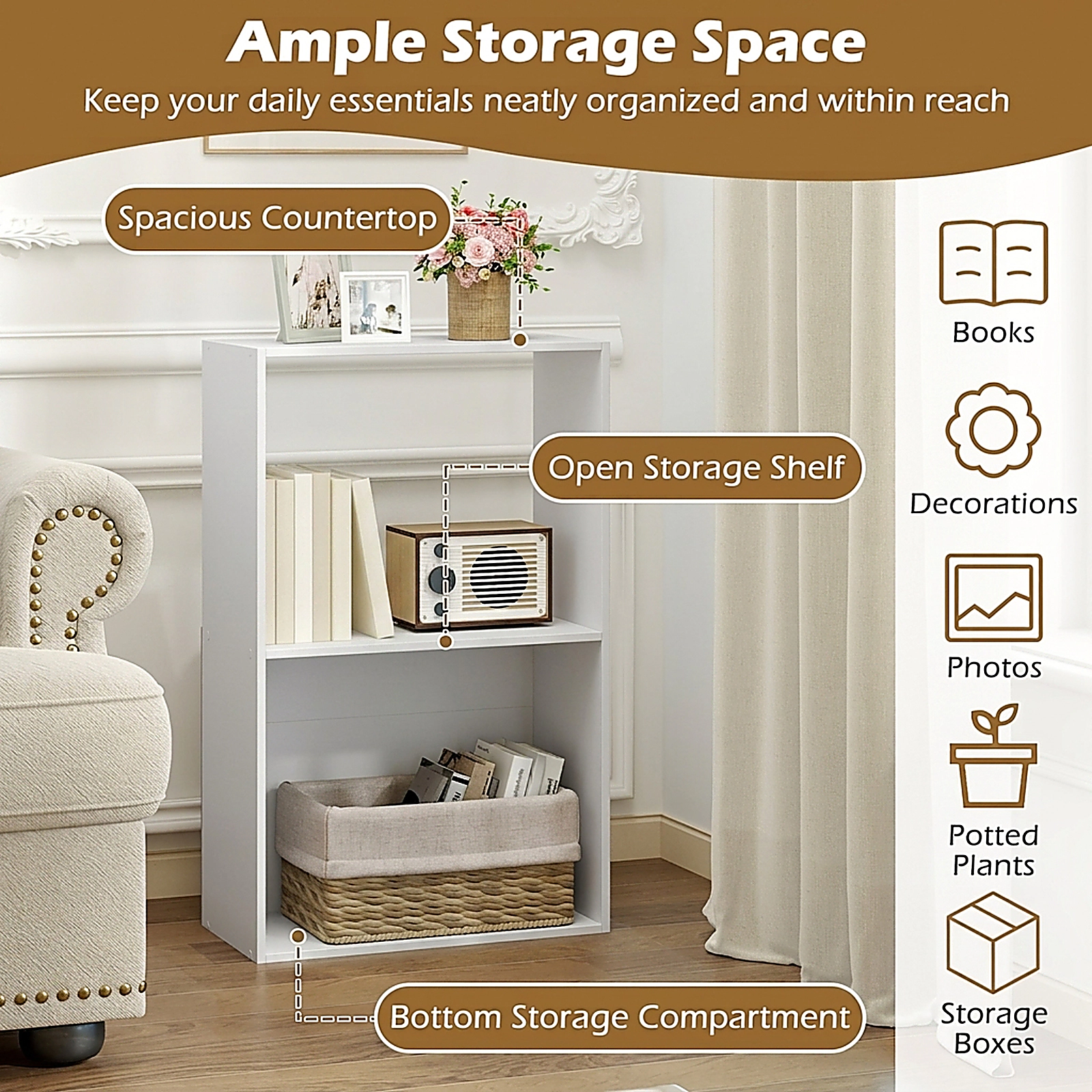 SUGIFT 3-Tier 2-Cube White 31-in Freestanding Bookshelf Display Shelf with Anti-Toppling Kit for Bedroom