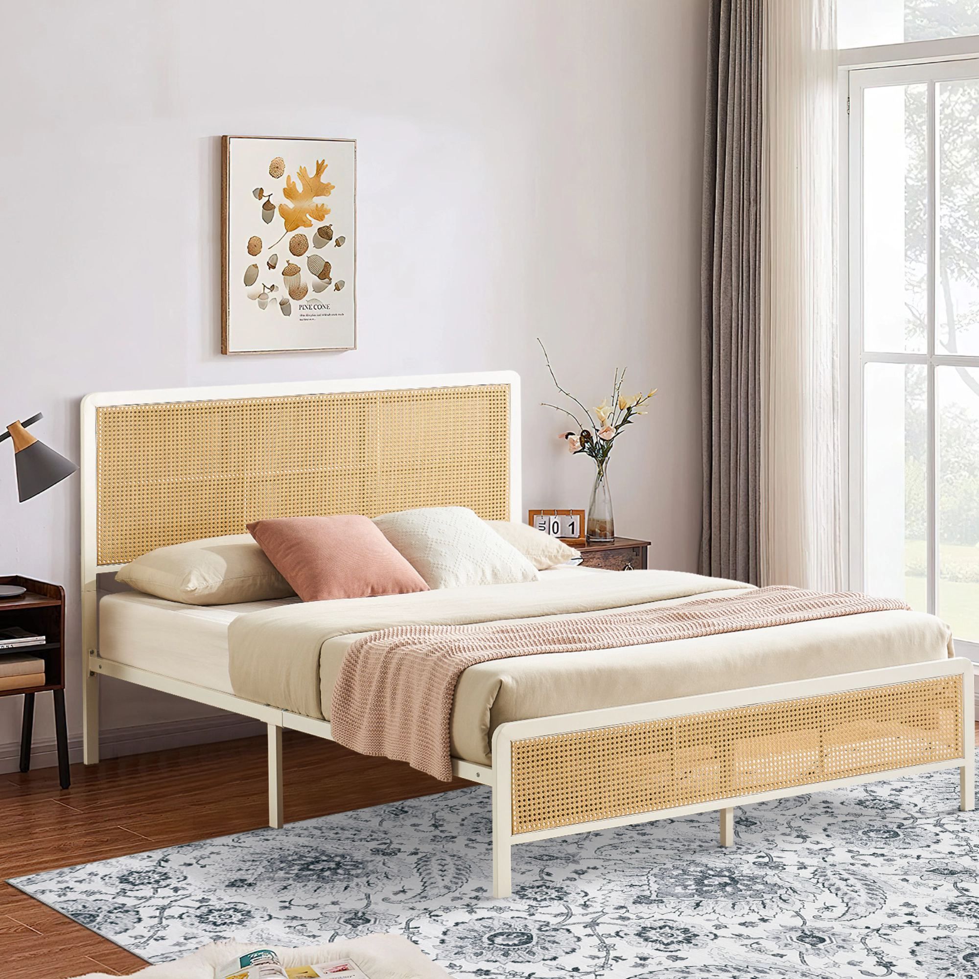 BebreezChic Modern Boho Rattan Metal Platform Bed Frame with Smart RGB LED Headboard Footboard
