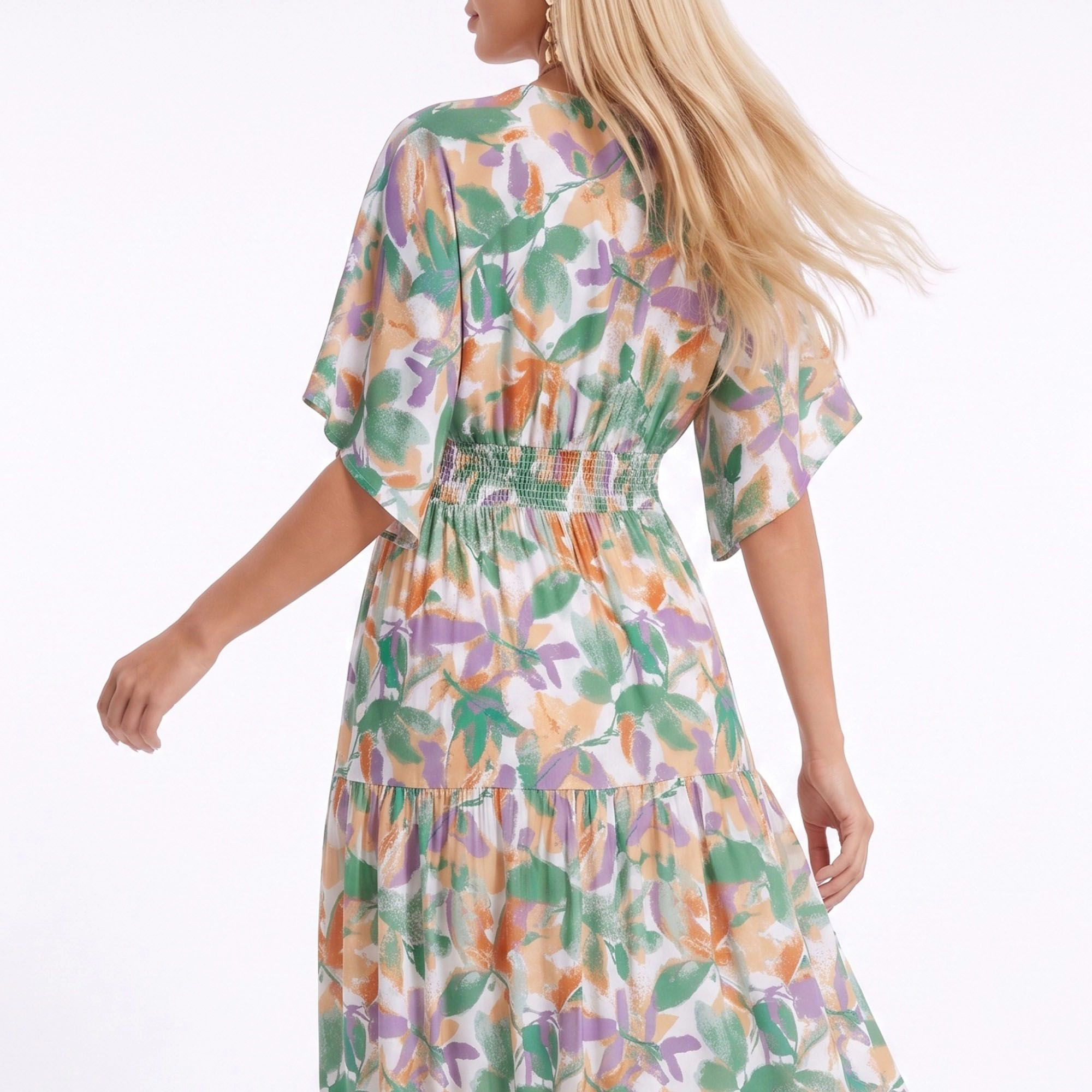 Anna-Kaci Women's Abstract Floral V-Neck Tiered Maxi Dress
