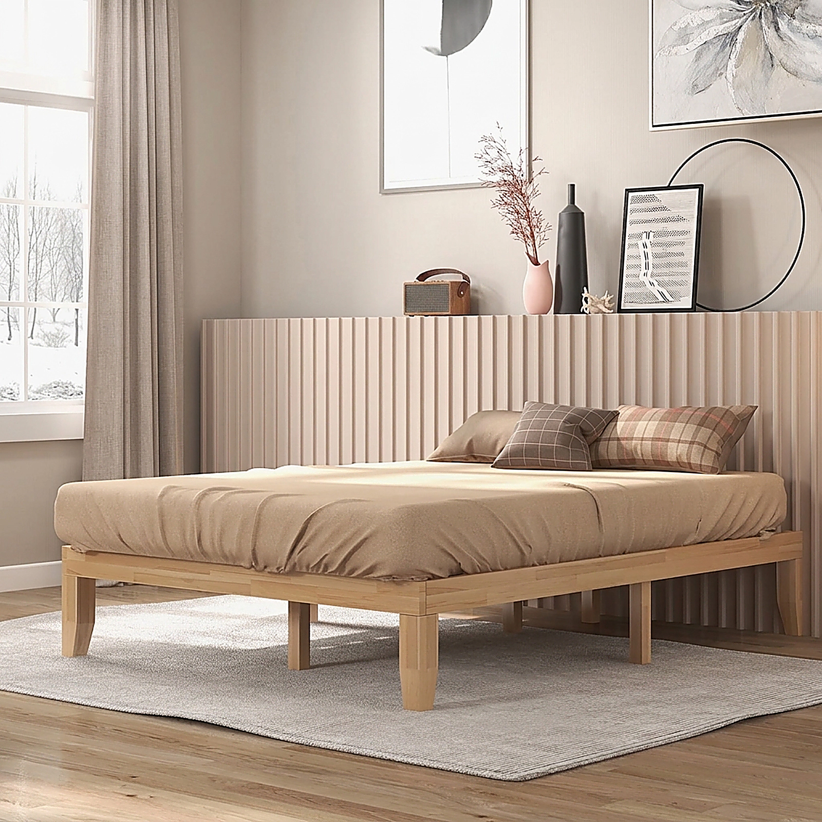 SUGIFT Solid Wood Queen Bed Frame 600-lb Capacity 14-in Tall 14-Bar Support Brown Natural Walnut