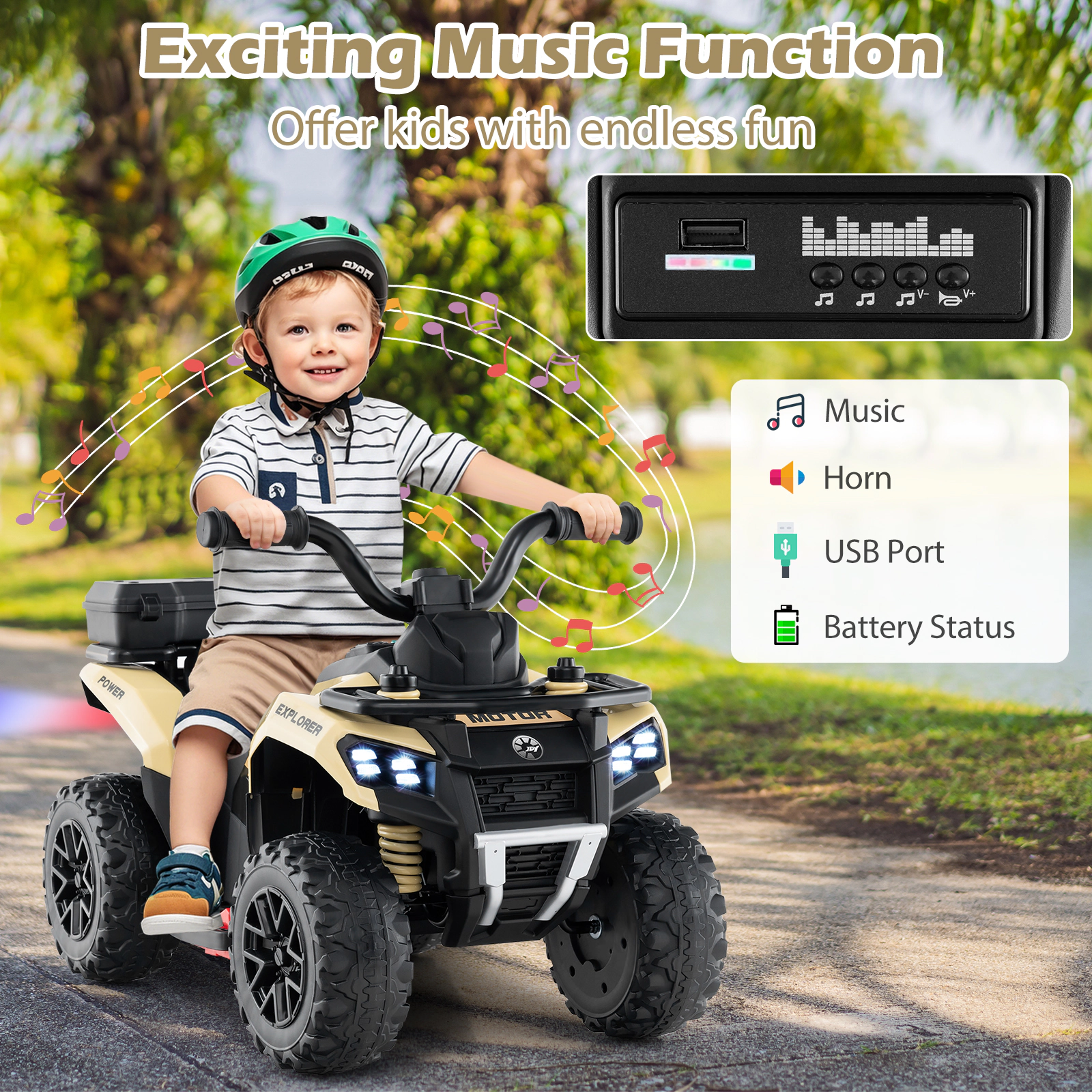SUGIFT 6V Kids Ride On ATV with Spray Function and Storage Box 44-lb Capacity Ages 18 Months and Up Khaki with Music