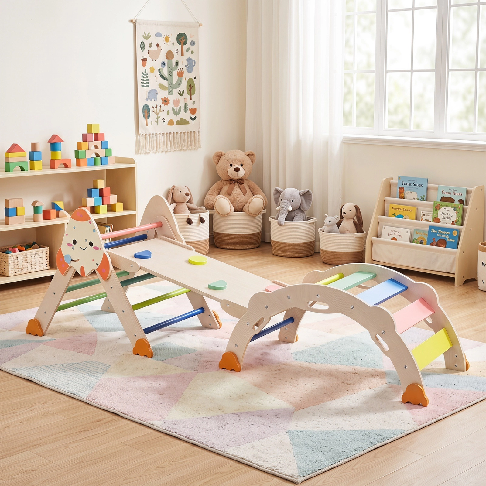 8-in-1 Foldable Toddler Climbing Set Rocket Theme Climbing Triangle Arch Balance Bridge Cushion 330-lb Total Ages 1+
