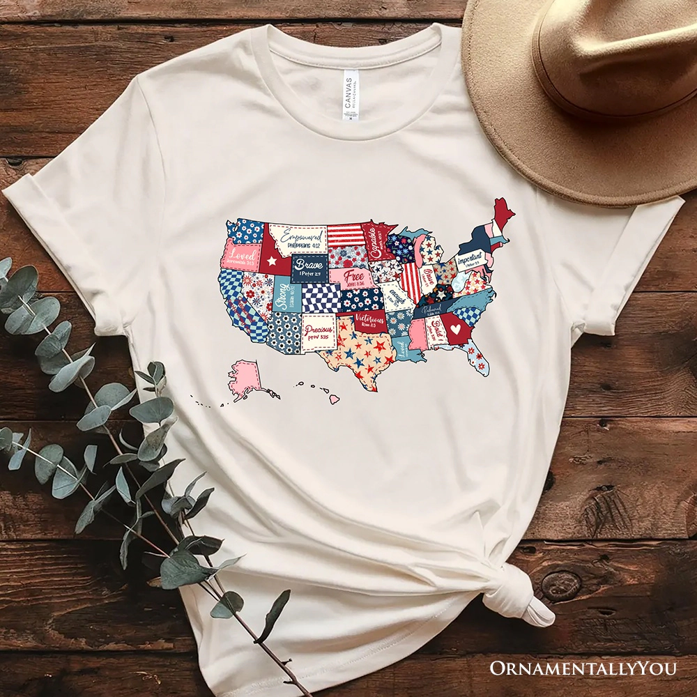 OrnamentallyYou Unisex Patriotic Patchwork USA T-Shirt