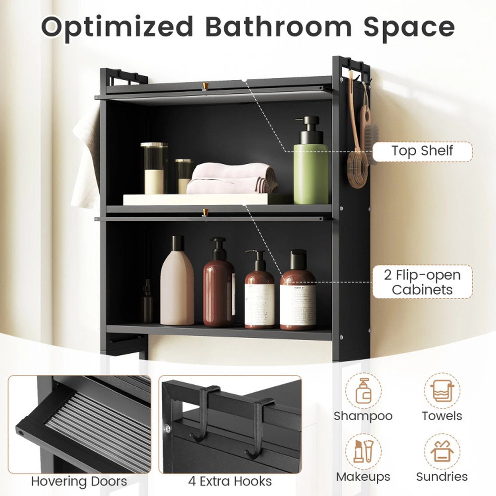SUGIFT Over-the-Toilet Carbon Steel Bathroom Organizer with 2 Flip-Up Cabinets 33-lb Capacity Black