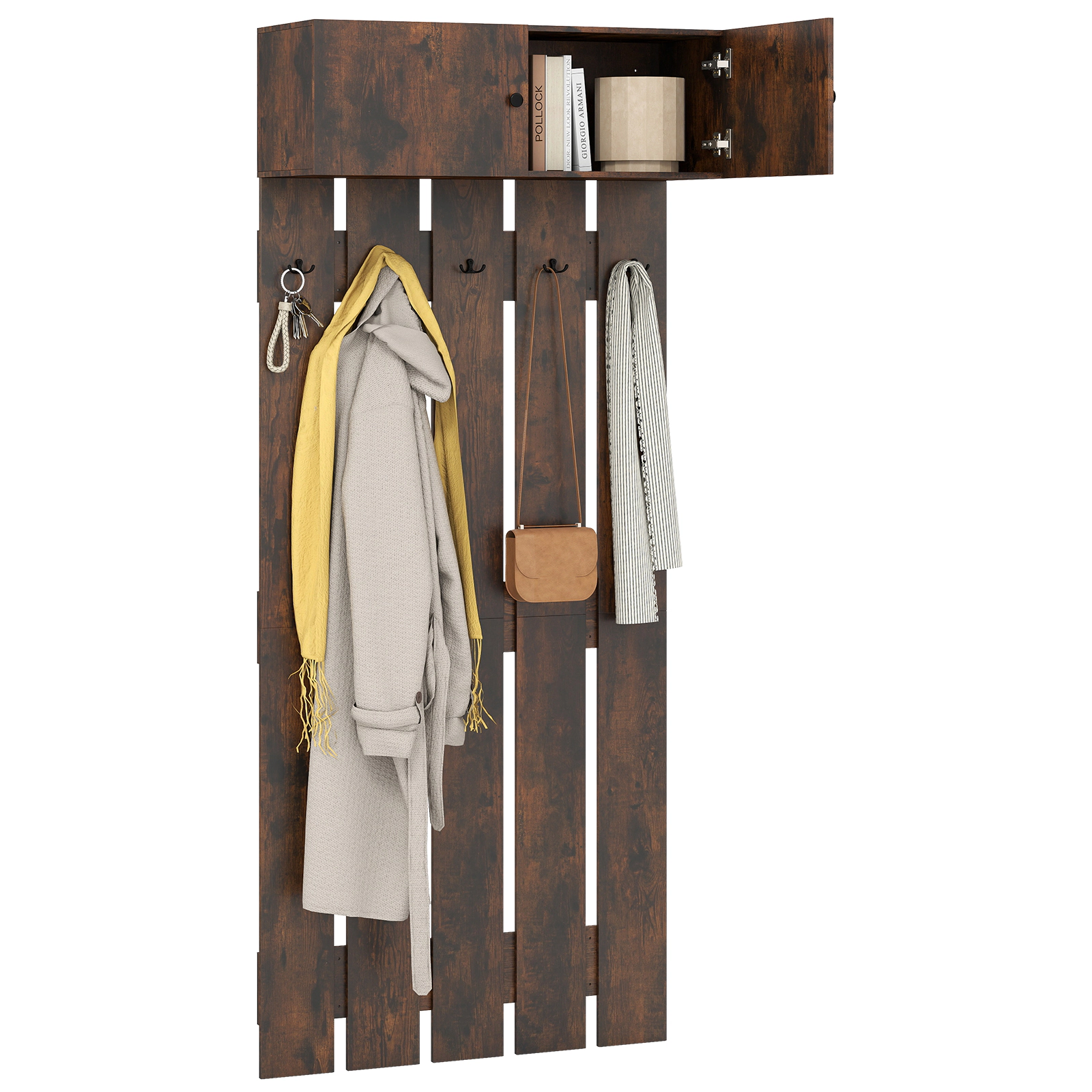 Glintex Wall-Mounted Coat Rack with Upper Storage Cabinet and 5 Metal Hooks
