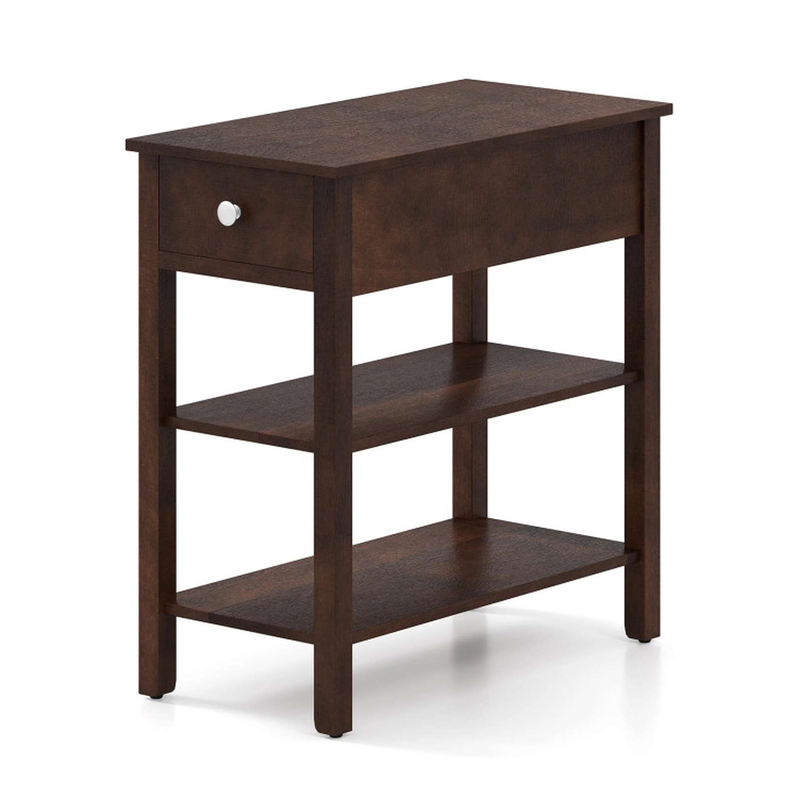 SUGIFT Narrow Walnut Side Table with Drawer and 3-Tier Storage Shelves
