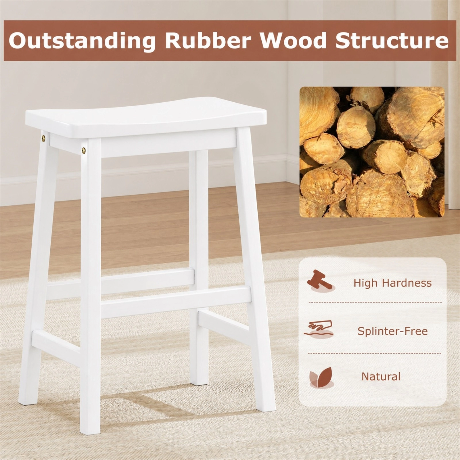 SUGIFT Set of 2 White Solid Wood Saddle Counter Stools, 24 in, Slim 12.5 in Depth