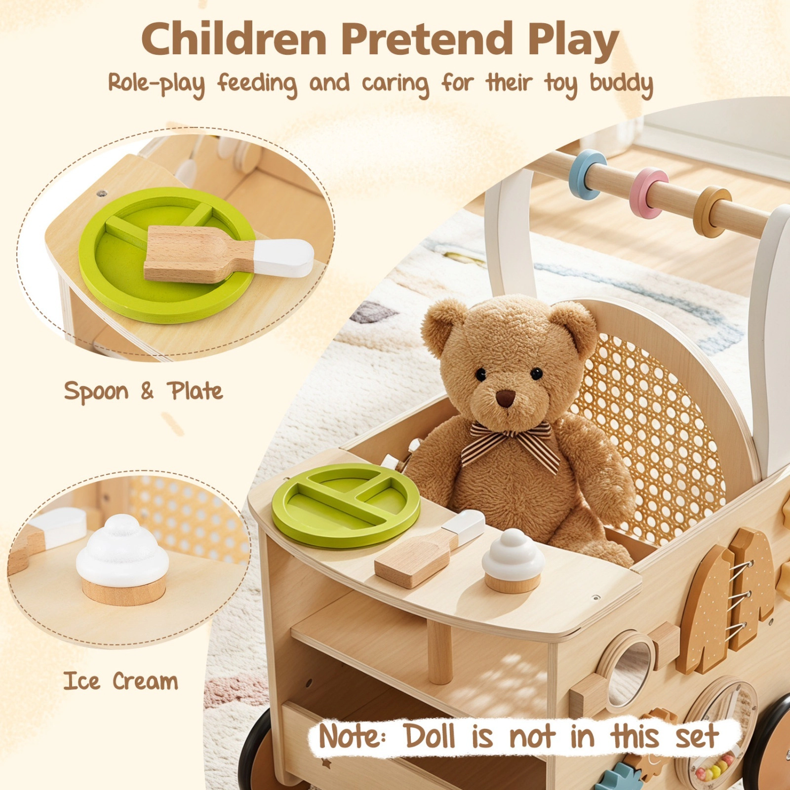 13-in-1 Toddler Wooden Push Walker with Doll Seat Pretend Ice Cream Set Bead Maze Turntable Mirror Natural