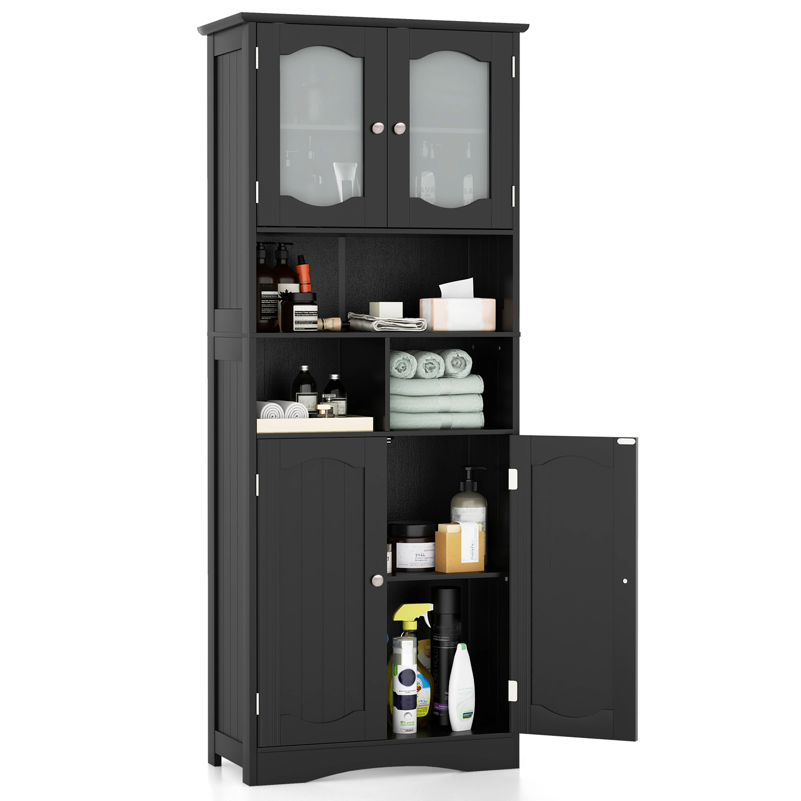 SUGIFT Freestanding Linen Bathroom Storage Cabinet 55-lb Shelf Capacity 22-lb Open Compartment Capacity Black