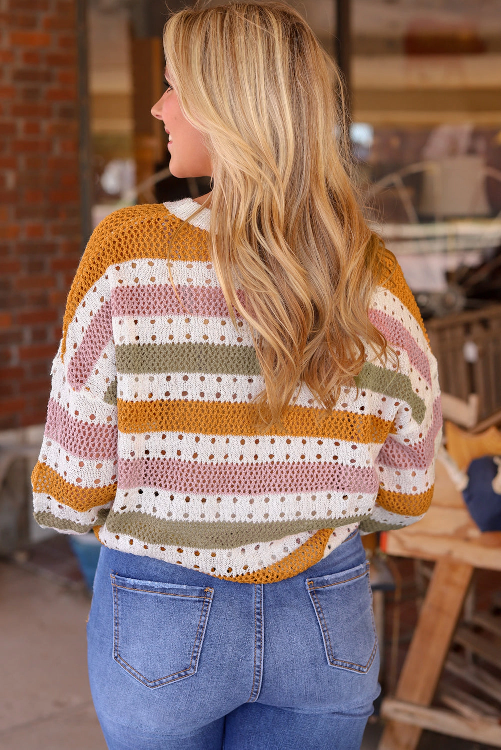 Threaded Pear Women's Caroline Striped Hollowed Knitted Loose Sweater
