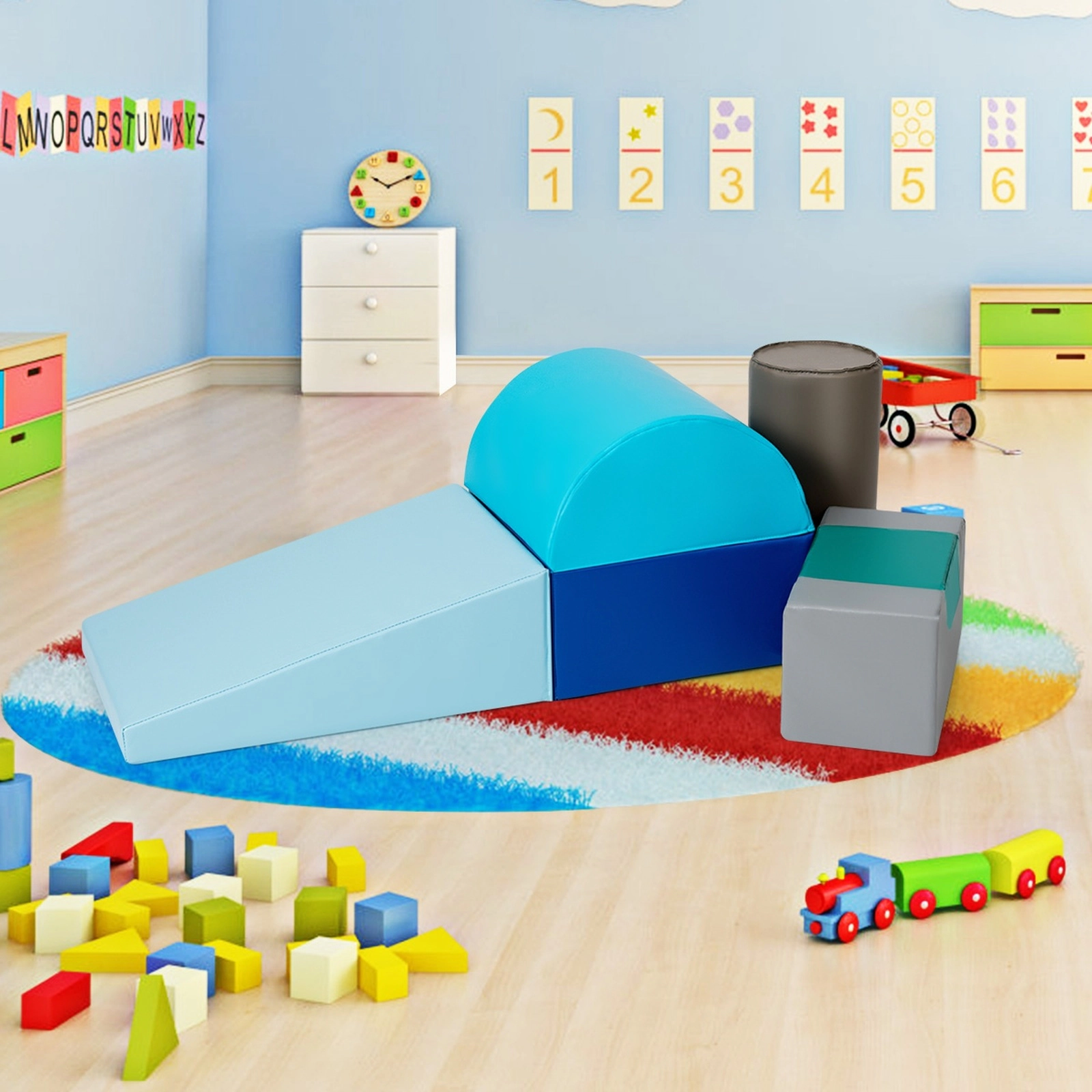6-Piece Baby Climb Crawl Play Set Soft PU Foam Climbing Blocks Lightweight 7.5-lb Waterproof Covers Light Blue