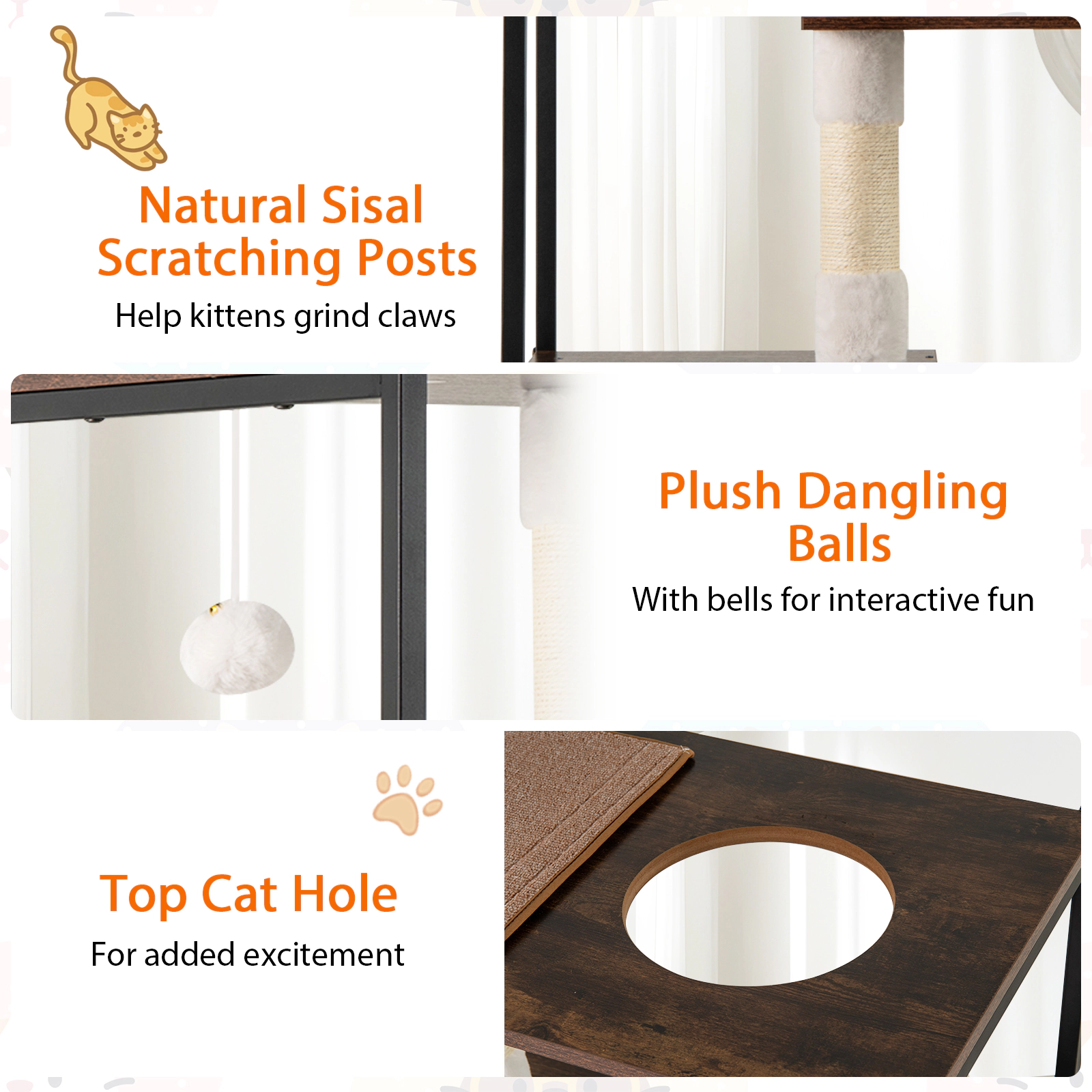 SUGIFT 52-in Coffee Wooden Cat Tree with Metal Frame 2 Condos Faux Rabbit Fur Cushions and Footpads