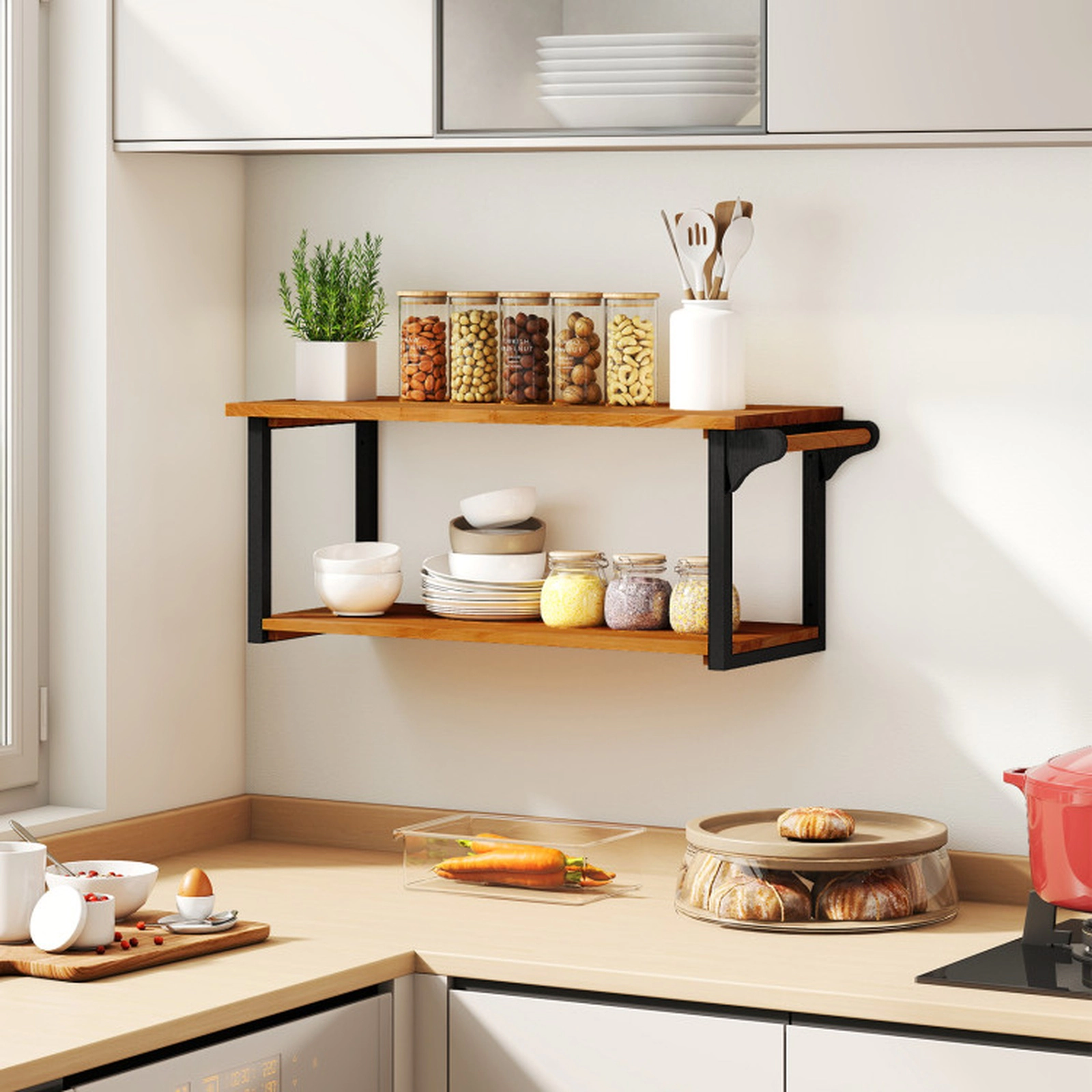 SUGIFT 2-Tier Teak Wood Wall Mounted Floating Shelf Rack Towel Bar 40.5-in x 15.5-in x 16-in 176-lb Capacity Natural
