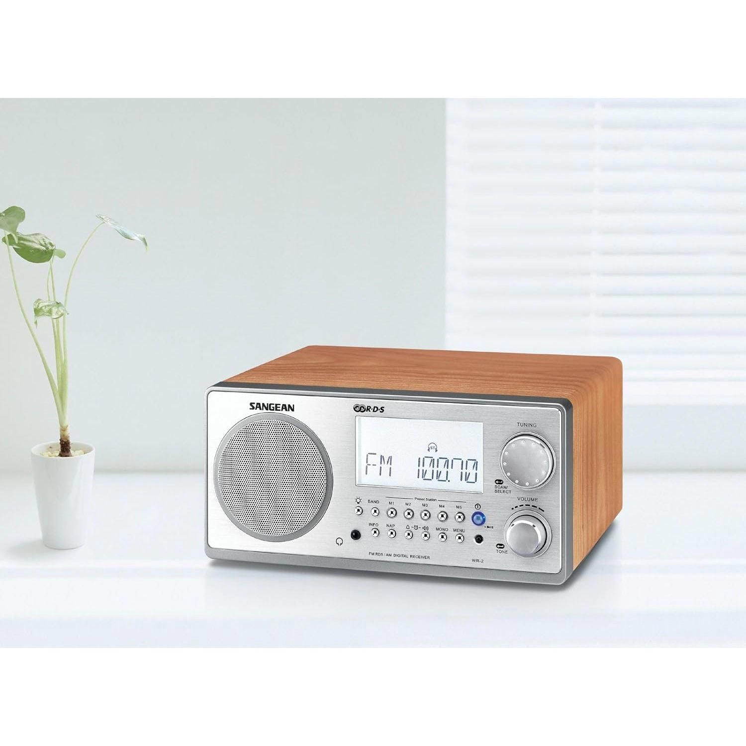 SANGEAN WR-2 Walnut Wooden Cabinet AM/FM-RBDS Radio with Bluetooth and USB