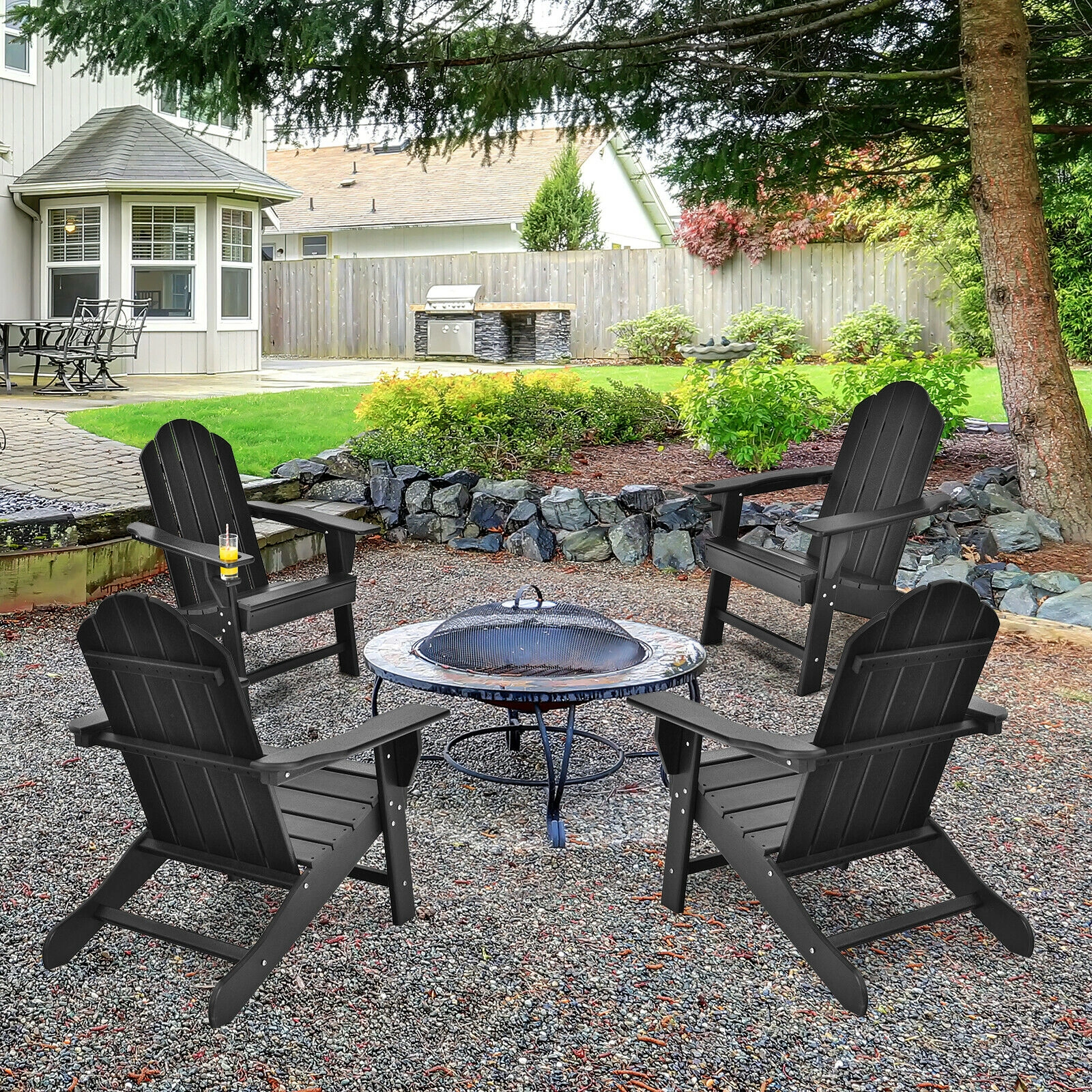SUGIFT Adirondack Chair with Built-in Cup Holder 330-lb Capacity Black
