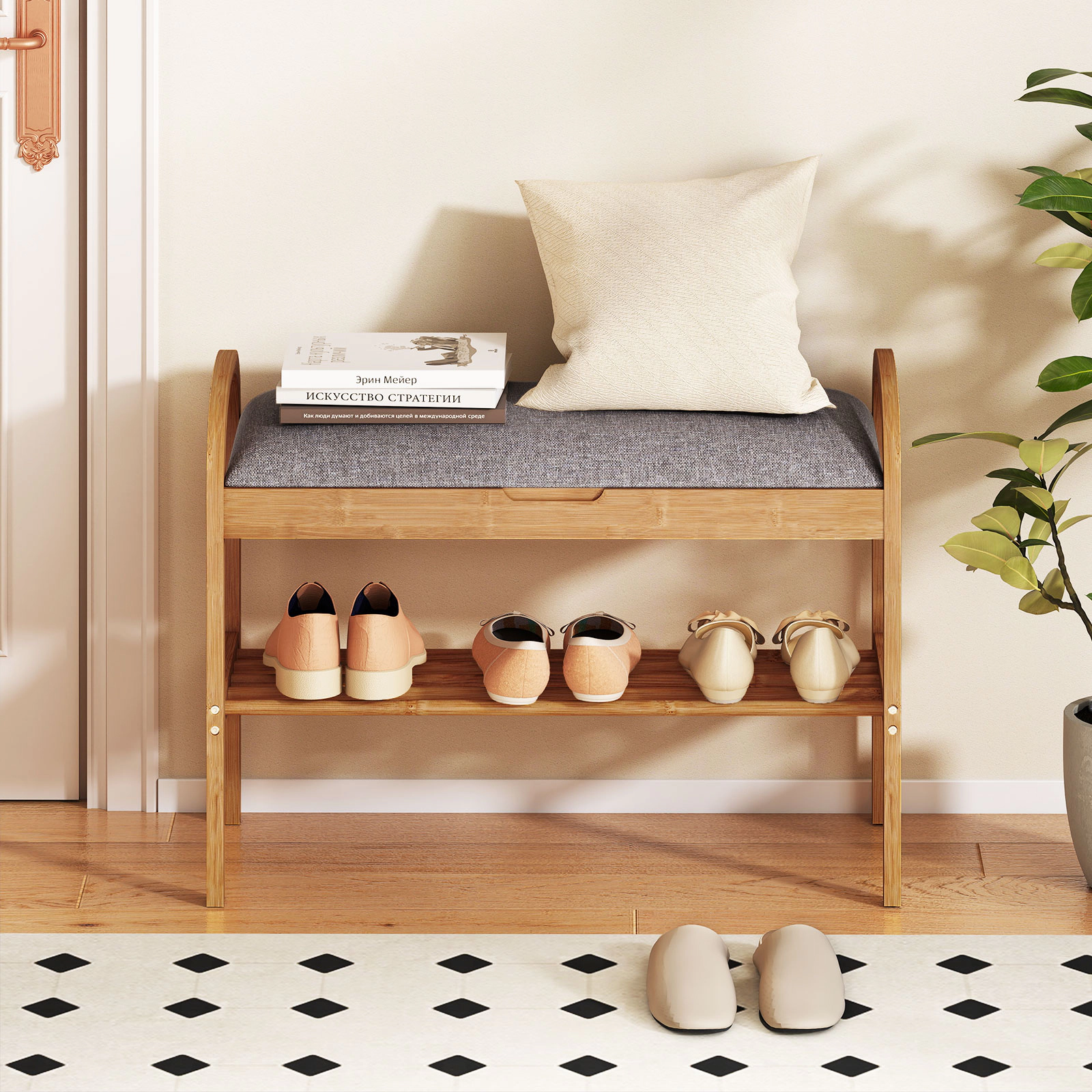 SUGIFT 2-Tier Bamboo Shoe Bench with Hidden Storage Compartment and Padded Cushion 330-lb Capacity Natural & Gray