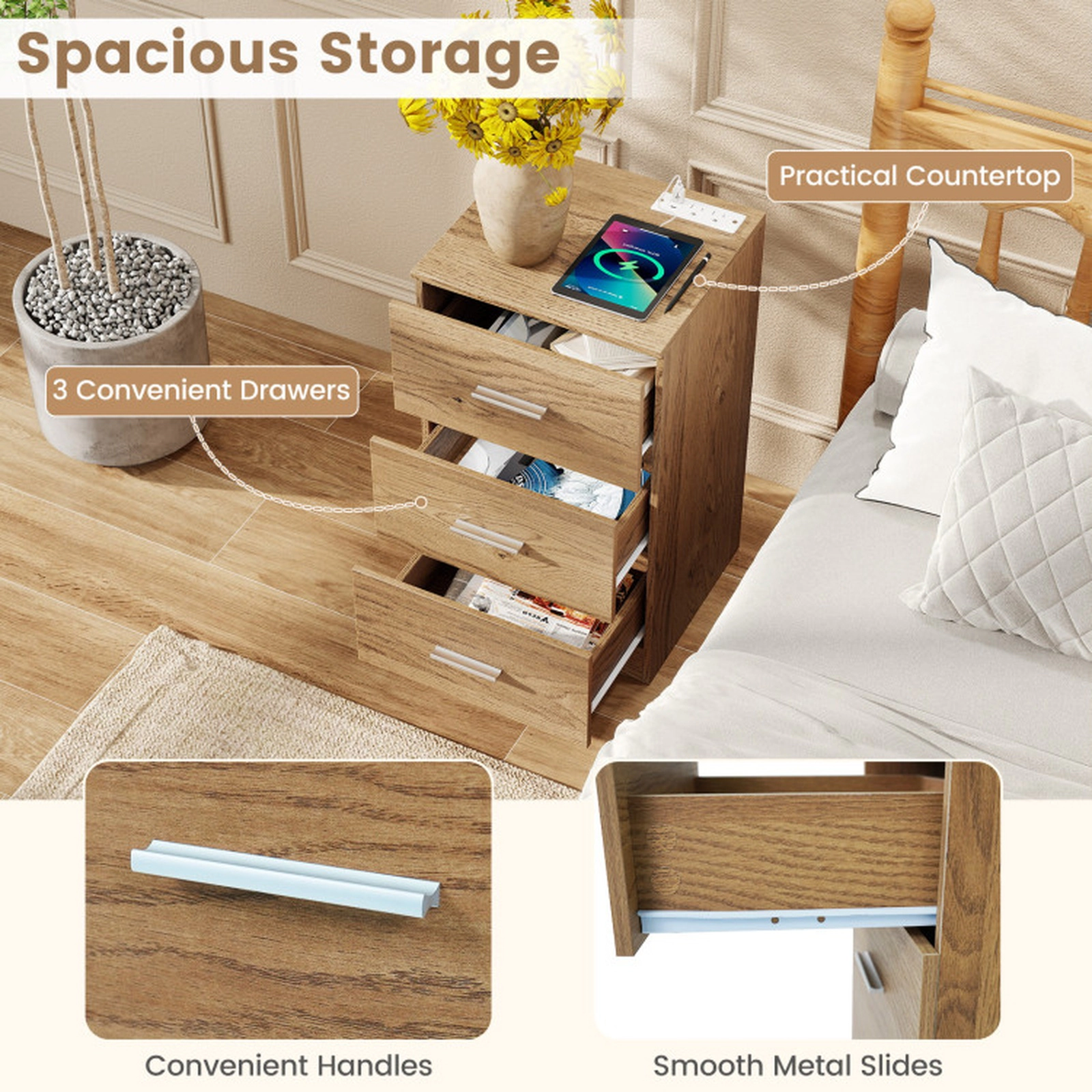 SUGIFT Set of 2 Nightstands with Charging Station and 3 Drawers 44-lb Countertop Capacity Natural