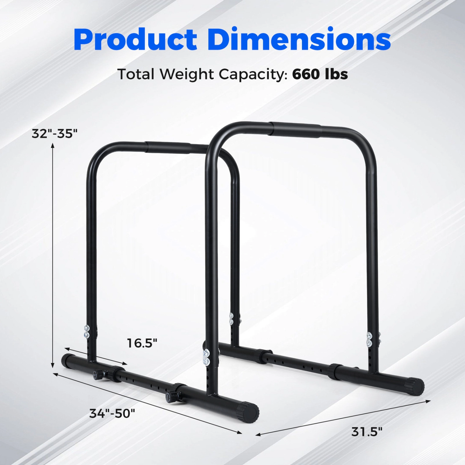 SUGIFT 330-lb Capacity 4-Level Height and 5-Width Adjustable Dip Bar Station with Foam Padded Handles