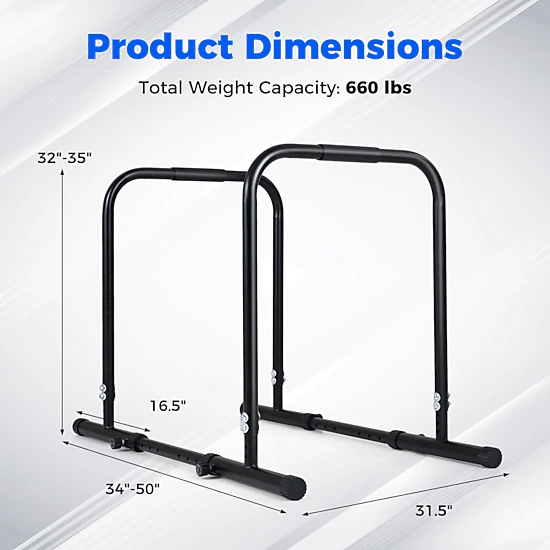 SUGIFT 330-lb Capacity 4-Level Height and 5-Width Adjustable Dip Bar Station with Foam Padded Handles