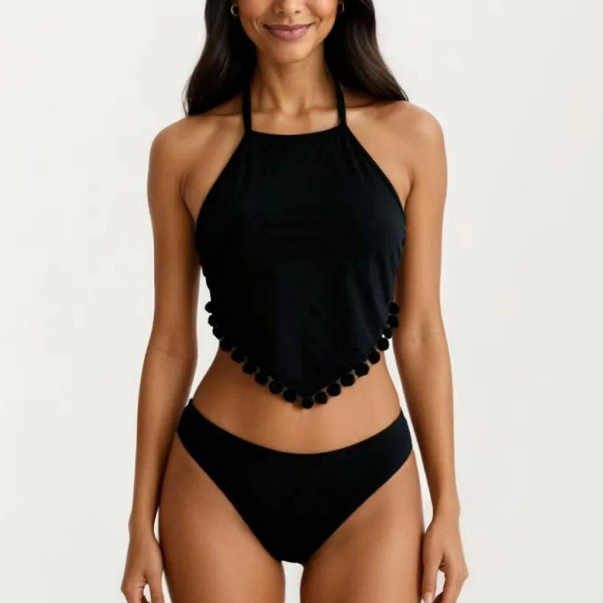 Anna-Kaci Women’s 2-Piece High-Neck Handkerchief Hem Bikini Set, Tummy Control High-Waist Bottoms