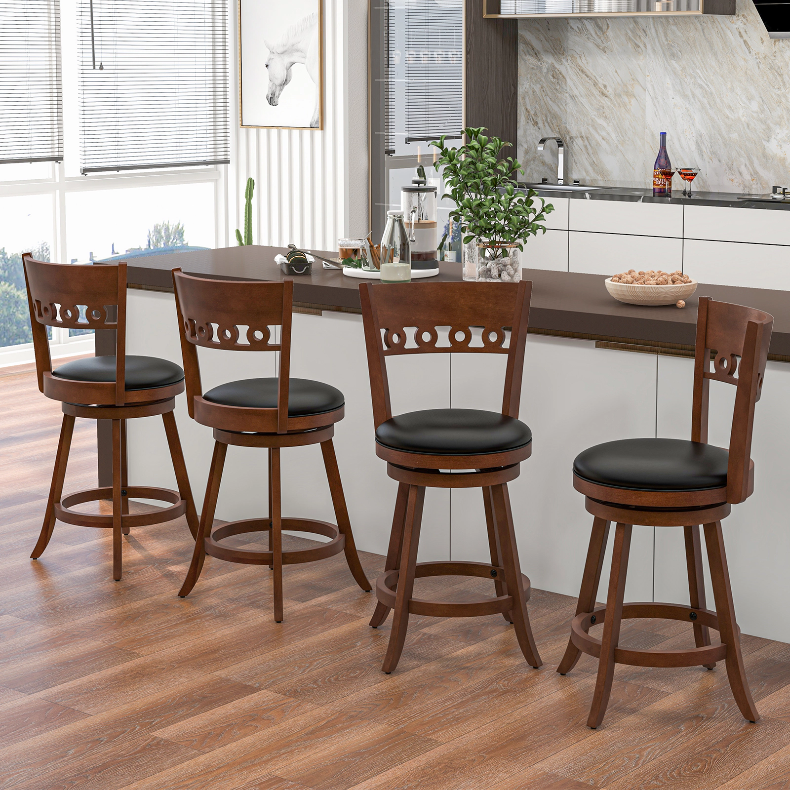 SUGIFT Set of 2 Swivel Rubber Wood Bar Stools 265-Lb Capacity 24.5-in Seat Height Brown & Black