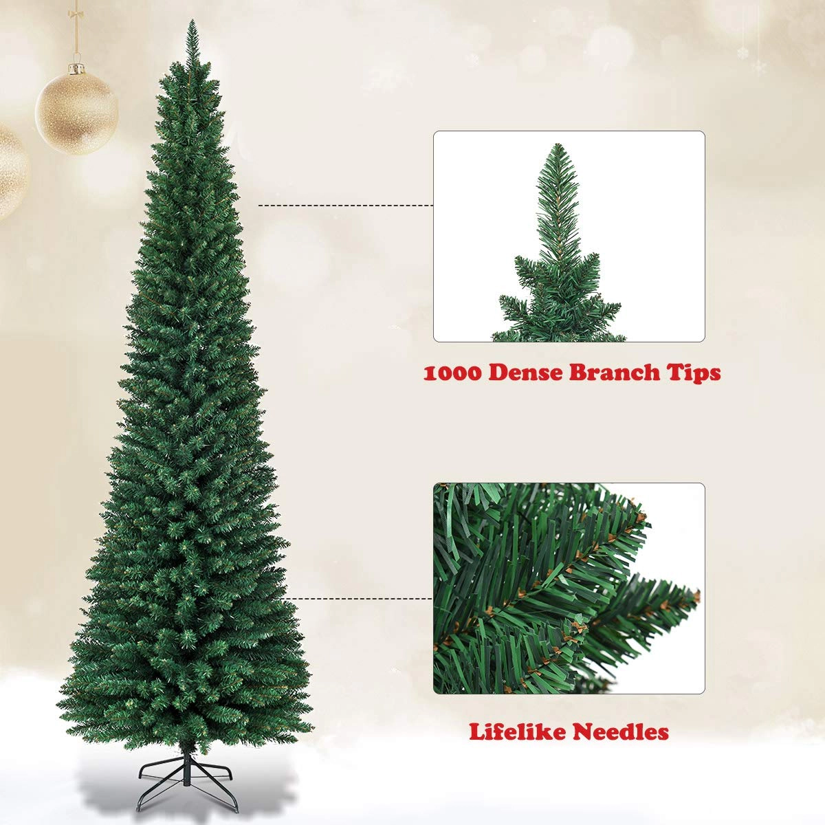 Glintex 8-Ft Slim Pencil Christmas Tree with 1000 Tips for Narrow Spaces, Green