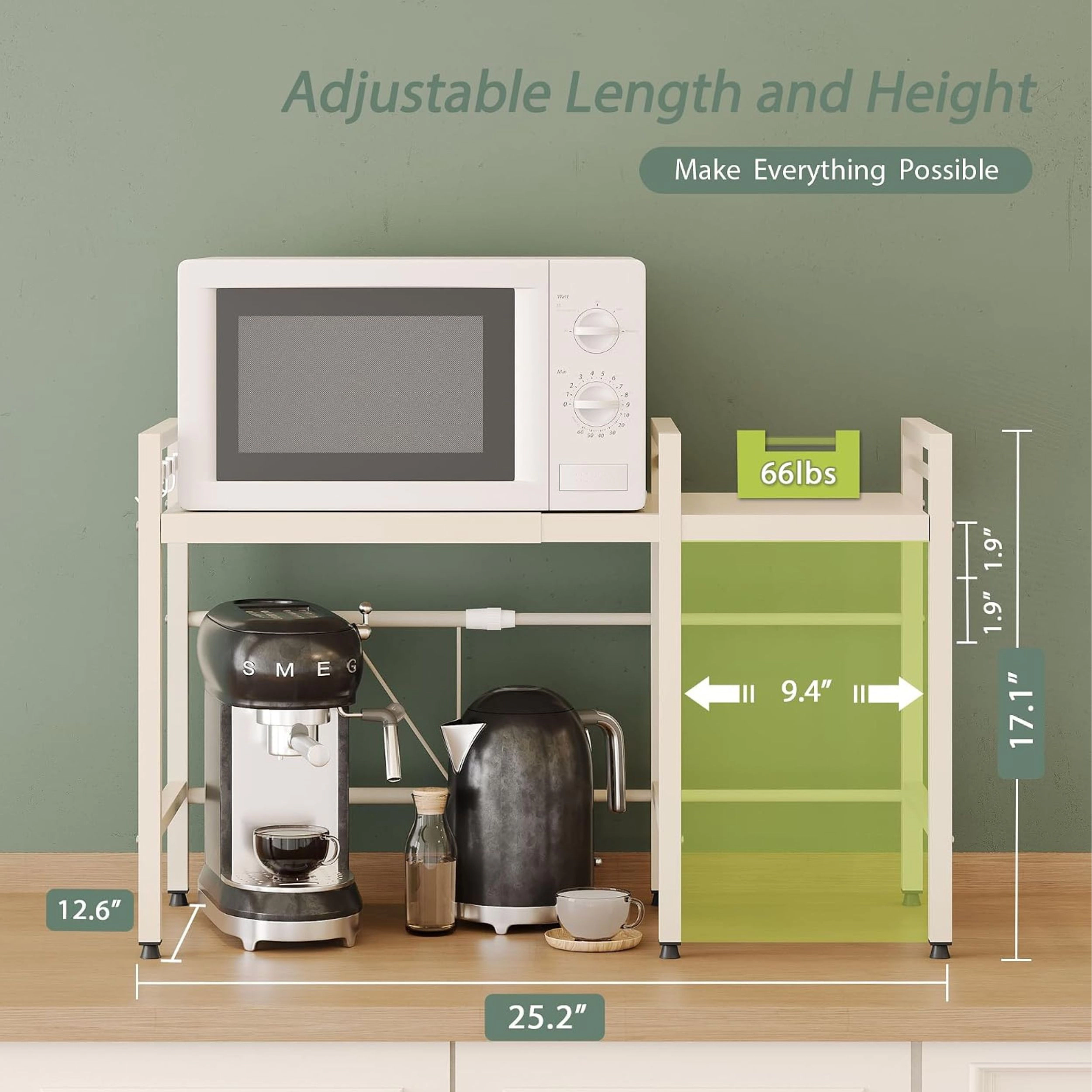 Stock Preferred 2Tier Expandable Microwave Stand with Hooks Adjustable Kitchen Storage Rack