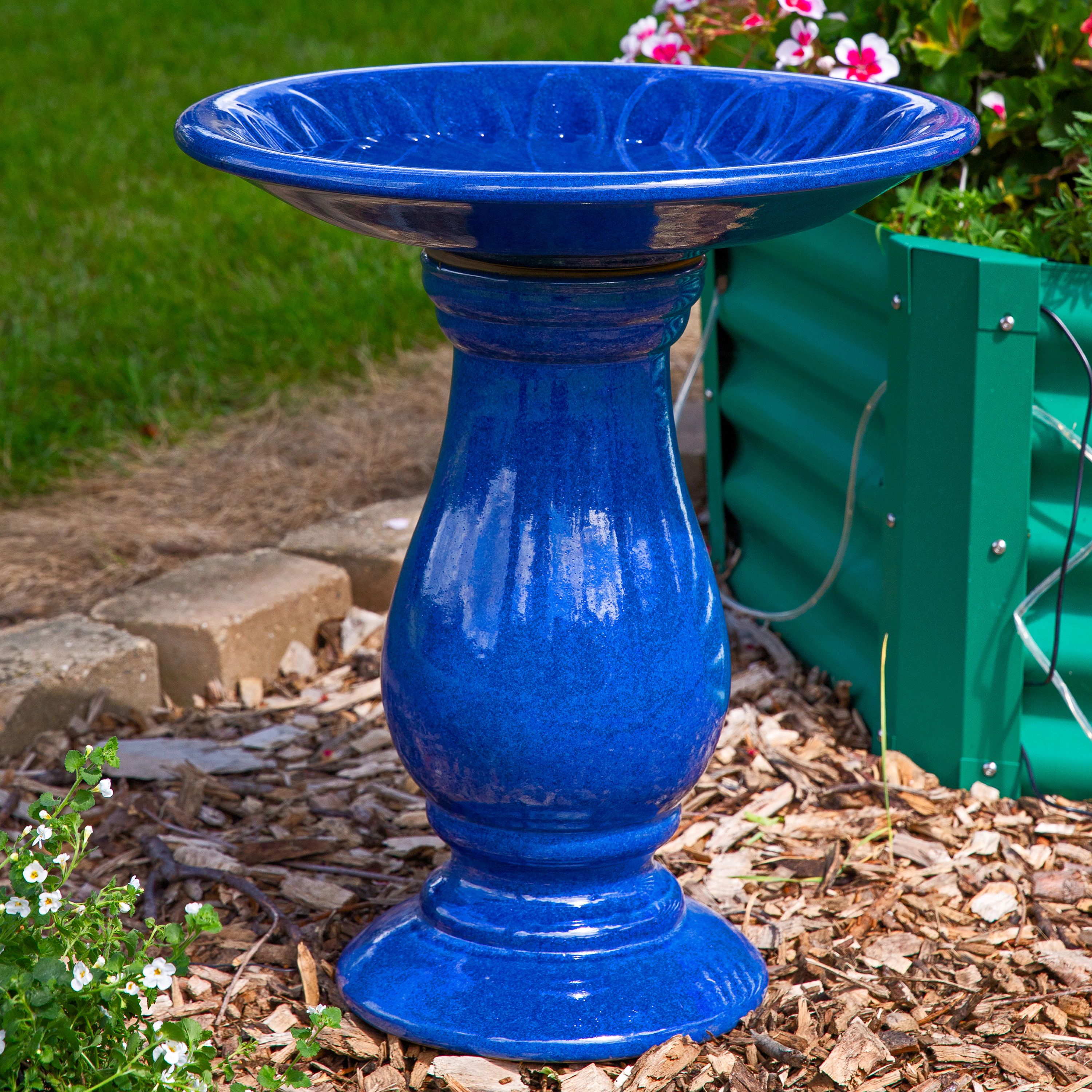 Sunnydaze Daisy Embossed Ceramic Bird Bath for Outside, 21.5” H, Blue