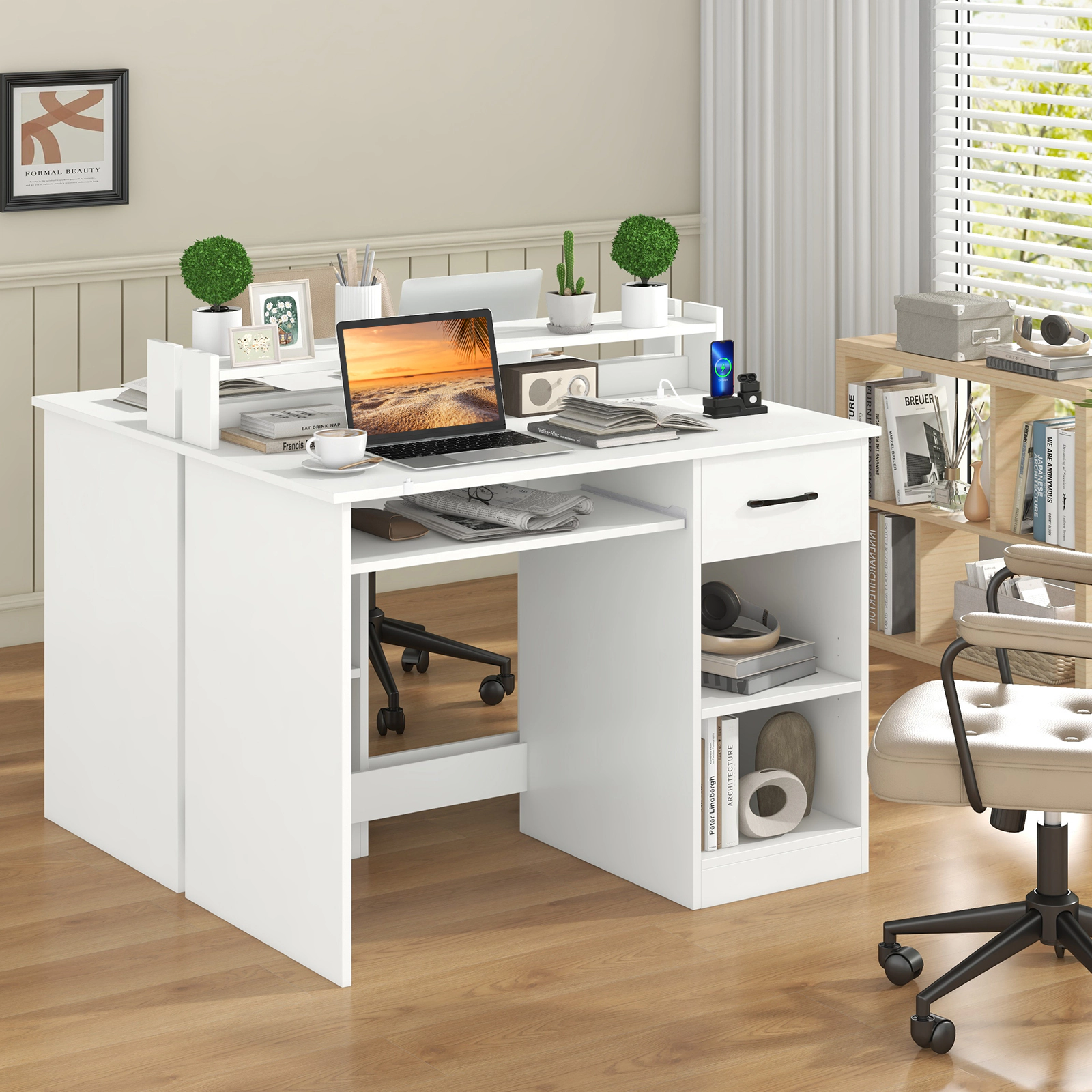 LJG White Desk with Charging Station and Adjustable Shelf for Home Office