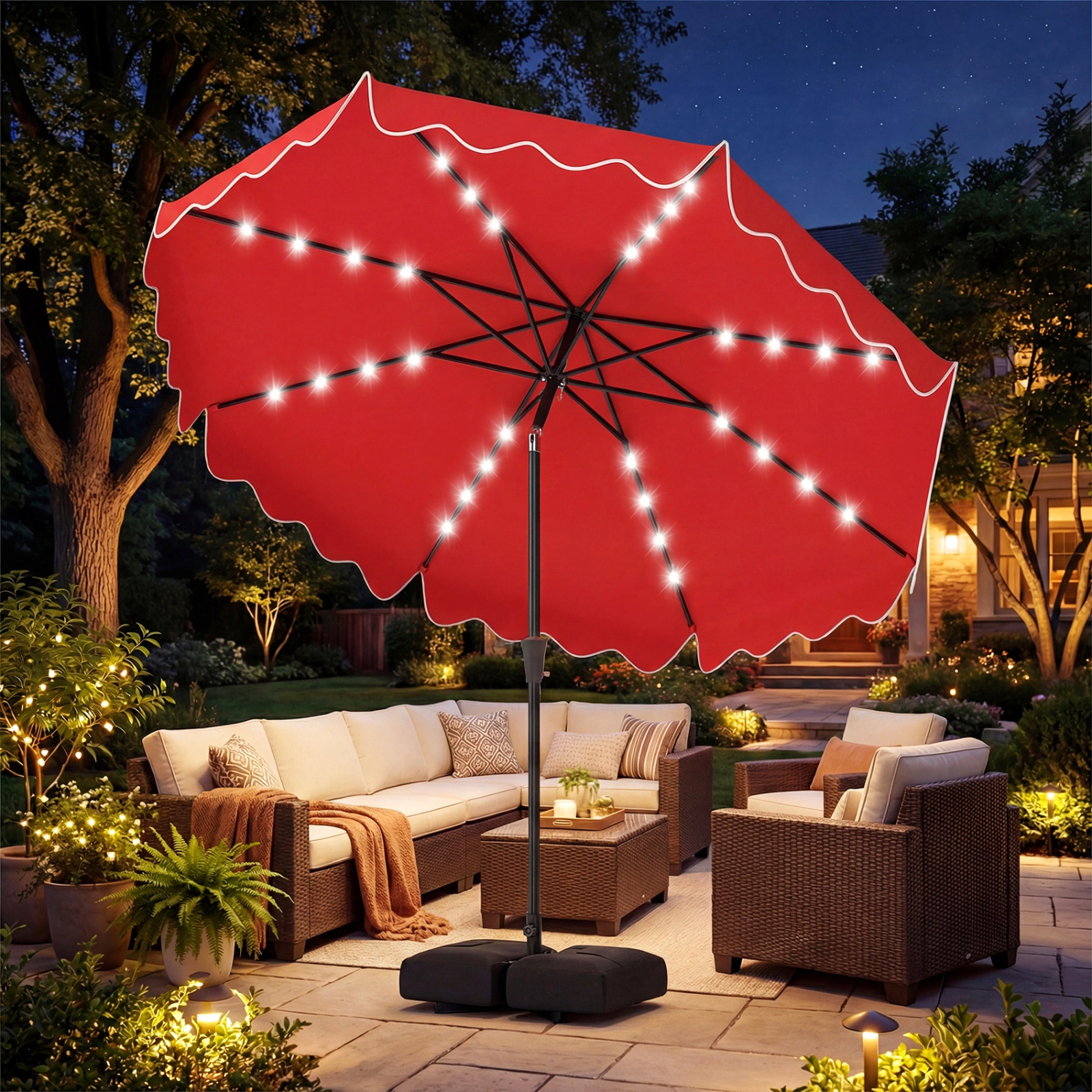 SUGIFT 10 ft Outdoor Patio Umbrella with 32 Solar LED Lights and Weighted Base Bags