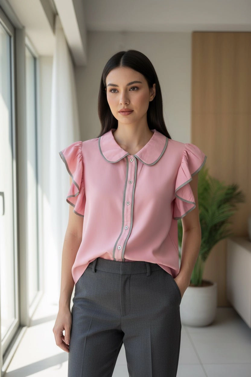 DressAtR Women's Pink Two Tone Flutter Sleeveless Collar Front Button Blouse