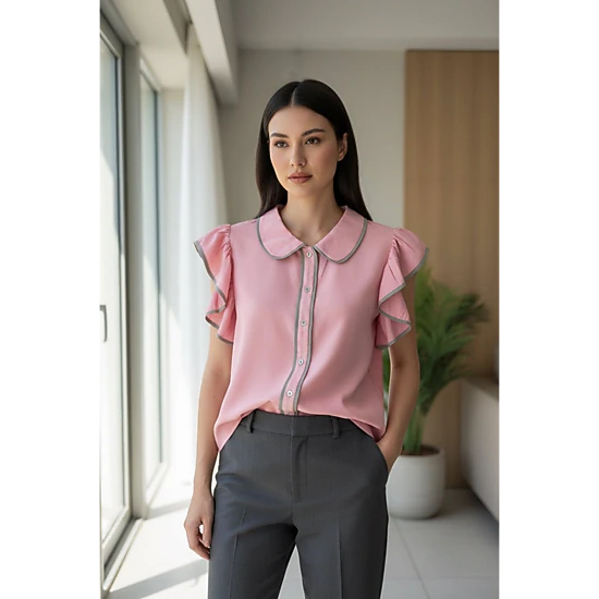 DressAtR Women's Pink Two Tone Flutter Sleeveless Collar Front Button Blouse