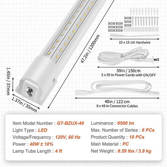 HONGGE 10 Pack LED Shop Light, Linkable Shop Light Fixture